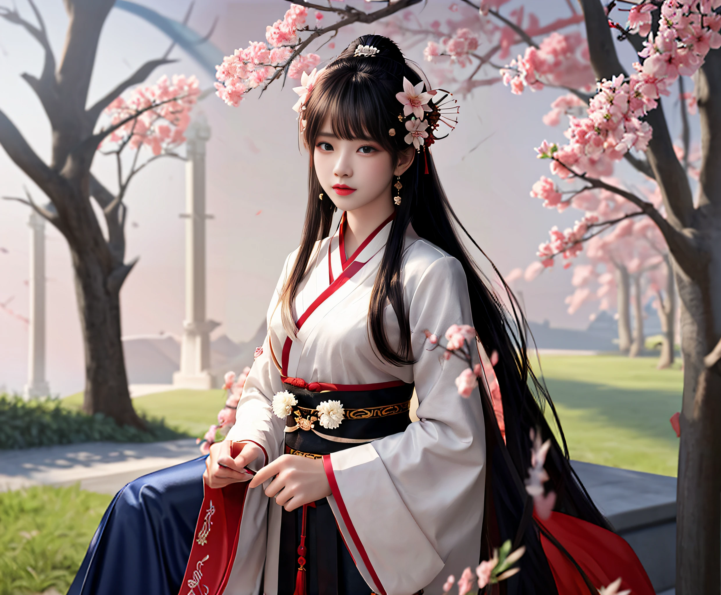 Asian woman in white and red dress standing under a tree, Palace , A girl in Hanfu, White Hanfu, Hanfu, Wearing ancient Chinese clothes, with acient chinese clothes, Traditional beauty, Chinese costume, Chinese style, Middle metaverse, Traditional Chinese clothing, Princesa chinesa antiga, full-body xianxia, Chinese girl