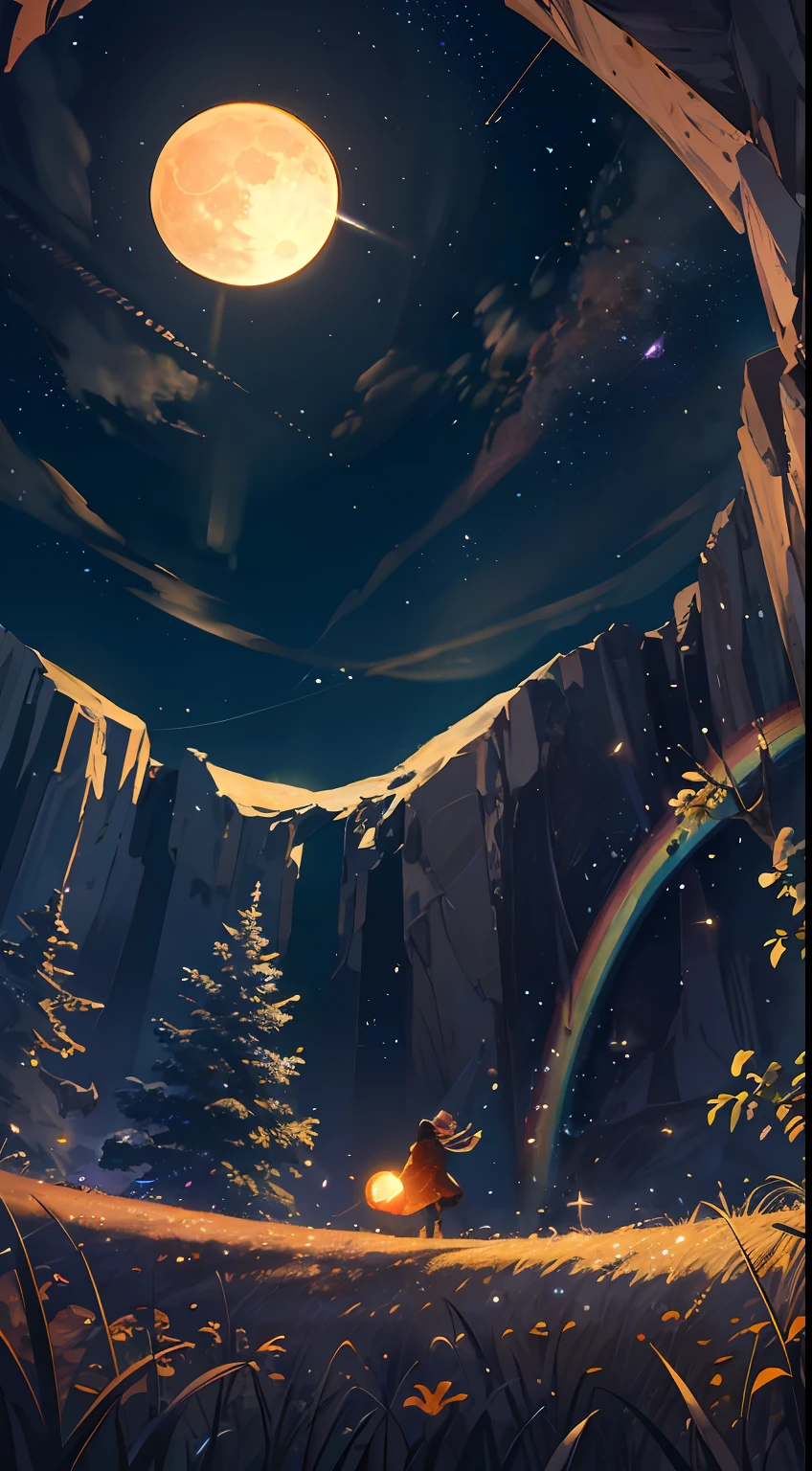 Vast landscape photo, (viewed from below, the sky is above and the open field is below), a girl standing on a flower field looking up, (full moon: 1.2), (meteor: 0.9), (nebula: 1.3), distant mountains , Trees BREAK Crafting Art, (Warm Light: 1.2), (Fireflies: 1.2), Lights, Lots of Purple and Orange, Intricate Details, Volumetric Lighting, Realism BREAK (Masterpiece: 1.2), (Best Quality), 4k, Ultra-Detailed, (Dynamic Composition: 1.4), Very Detailed, Colorful Details, (Rainbow Colors: 1.2), (Glow Lighting, Atmospheric Lighting), Dreamy, Magical, (Solo: 1.2)