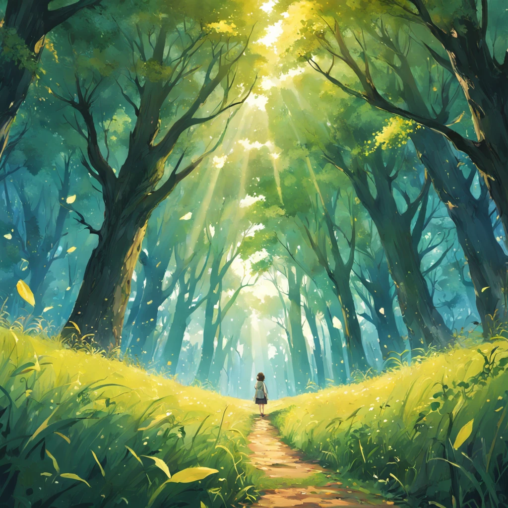 Imagine you are standing in the middle of a wide grassland in an old forest, where nature is beautiful and true. Before your eyes is a natural spectacle full of color and life. You see the glittering golden sunlight falling from above through the canopy of leaves like golden light, the green grassland with dew drops on the leaves, the cool breeze blowing through bringing emotions full of love. Paint a realistic picture of this grassland, using color and detail to capture the life and beauty of nature. Focus on expressing the joy and excitement of summer. You can use painting techniques such as light, shadow, and contour to create a vivid and realistic picture, masterpiece, 8k