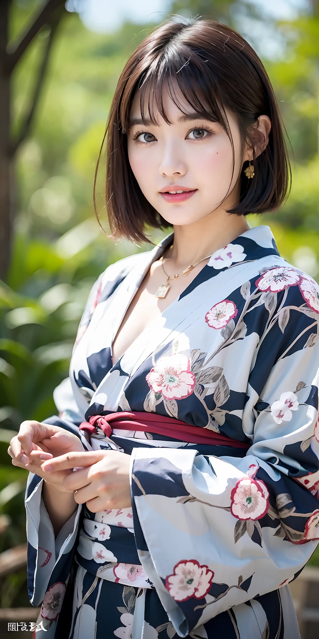 top-quality、8K、32K、masterpiece、nffsw:1.2)、Photo of a cute Japanese woman、very short bobbed hair、The upper part of the body、sface focus、Yukata with black floral pattern、a necklace、Summer Festivals、natta、looking at the viewers、