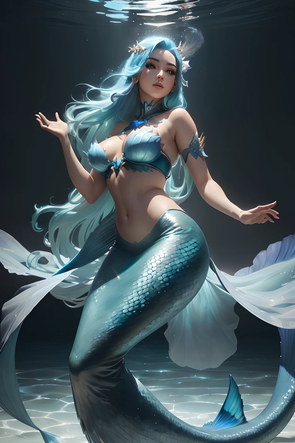 Mermaid with blue hair and a blue tail in the water, Ross Tran 8 K, No estilo de Ross Tran, Directed by: Ross Tran, deviantart artstation cgscosiety, inspirado em Ross Tran, Estilo Ross Tran, trending on ArtStation:3, Artgerm extremamente detalhado, sereia bonita, arte conceitual | Artgerm, 3 d render arte do caractere 8 k