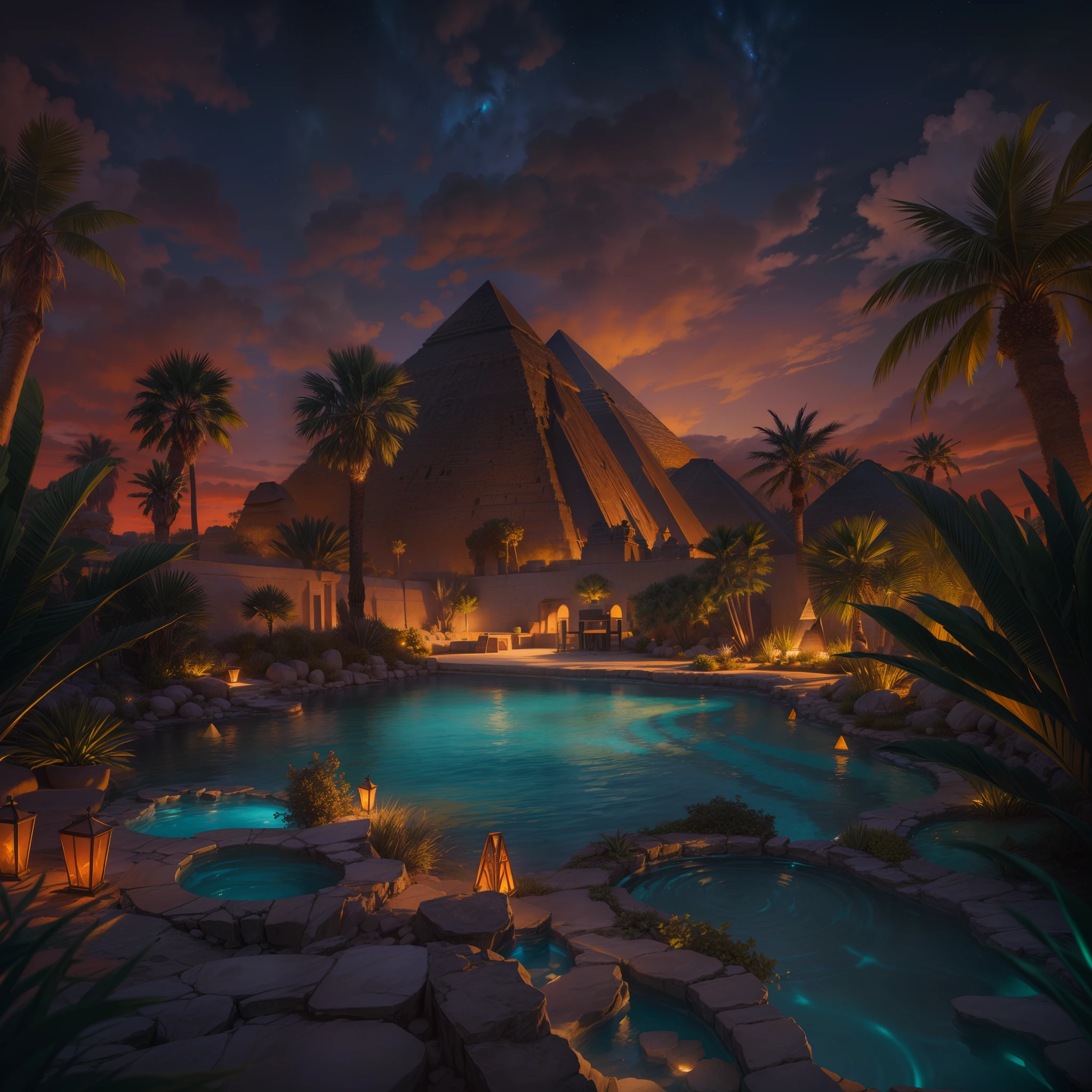 (Extremely colorful, Best quality, high detal, Masterpiece, Cinematic lighting, 4K, Chiaroscuro),scenecy,Supernatural scenery,(Genesis,Pool,Desert, oasis,starry sky, traveler, desert vegetation, Hyperpyramid, Bioluminescence,)insanely detailed and intricate, hypermaximalist, elegant, ornate, hyper realistic, super detailed