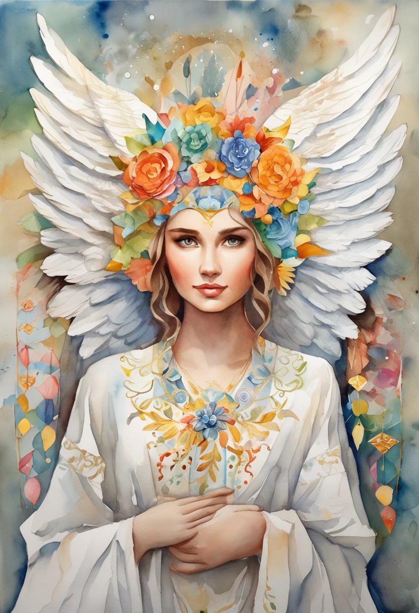 (FULL BODYSHOT:1.4), White background, (1 Angel Girl,Glowing wings, Halo, Exquisite headdress, Smile), (paper art, Quilted Paper Art, Geometry), highly colorful