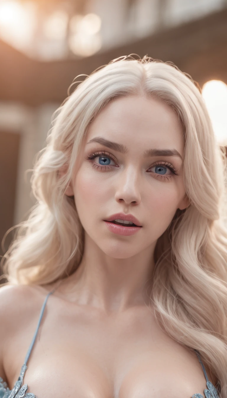 Emilia Clarke , shocked expression,Wide eyes, lying on his back, Wearing pink sheer silk, (((Large breasts :1.2 and round breasts:1.2))),8K, RAW photo, Highly detailed skin, exposed, Photography, Masterpiece, Best quality, Gorgeous light blonde long hair, Ultra-detailed face, Detailed blue eyes, ((no close up)), front angle, Yawning, Very wide open mouth, Spread legs, Wet open ,(((Pubic hair))).