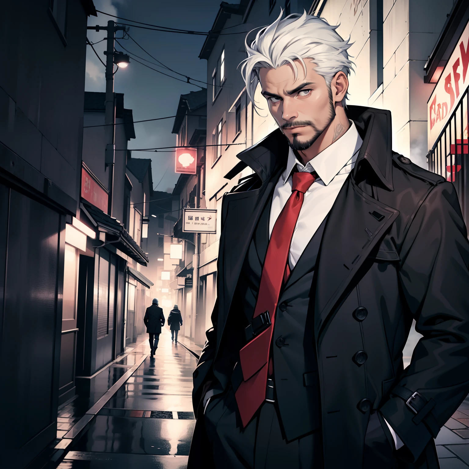1boy, male focus, solo, black and white hair, necktie, facial hair, red necktie, shirt, trench coat, coat, white shirt, night, outdoors, ((masterpiece))