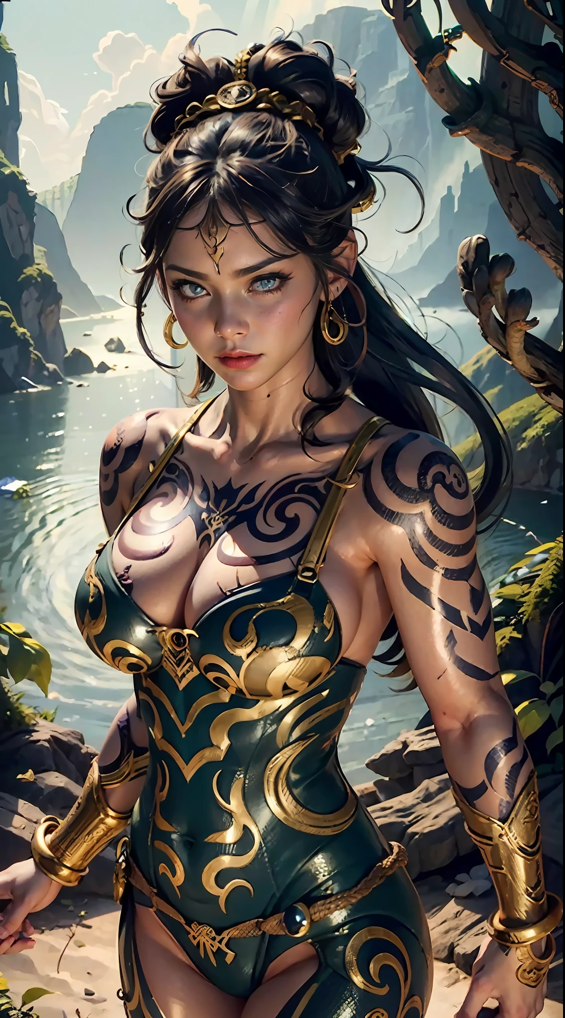 (masterpiece), top quality, expressive eyes, perfect face, smooth skin, tribal tattoo, snake girl, full snake hair, punk style, super plump boobs, tight overalls, tight gold and red gradation armour, 8k_wallpaper, eye detail, body detail  , finger detail, (digital artwork), (manga illustration detail), (line art detail), ((perfect)) anatomy, best hand)), (fine detail:1.3), (height detail:1 ,3),  (illustration :1 , 3 ), (sharp focus:1,3), (natural light:1,05), (light color:1,3), magic cliff backdrop,