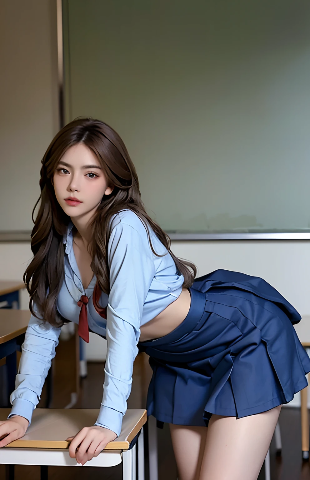 Best quality, masterpiece, ultra high res, (photorealistic:1.4), raw photo, 1girl, ((school girl uniform)), ((huge breast)), ((huge ass)), ((huge areola)), cold light