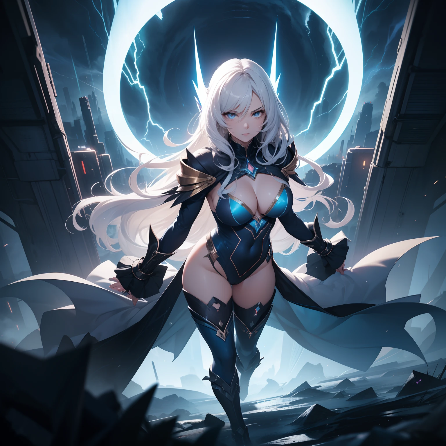 (masterpiece, best quality, 4k, photorealistic), ((wide shot, full body)), ((front view, from above)), expressive eyes, perfect face, nice hands, 1 girl, large cleavage, long round legs, curvaceous body, booty, anime girl, female thunder magician, costume: the thunder magician stands adorned in a stunning ensemble that perfectly embodies the power she wields, her costume consists of a fitted, deep navy blue bodysuit that is accented with intricate patterns reminiscent of lightning bolts in silver and gold, the fabric shimmers with an otherworldly glow, reflecting the energy she commands, the bodysuit is accompanied by a flowing, asymmetrical cloak in a darker shade of blue, which billows dramatically behind her, evoking the sensation of electricity in motion, posture: with an air of confidence and focus, stands tall and poised, her stance exudes controlled energy, ready to be harnessed at a moment's notice, her arms are slightly raised and extended, fingers splayed as if to channel the forces of nature, there's a magnetic intensity in her gaze, revealing her deep connection with thunder and lightning, hairstyle and color: her hair is a striking shade of silvery white, cascading down her back in voluminous waves, her hairstyle is a combination of elegance and functionality, with a loosely braided crown that keeps her hair from obstructing her line of sight, this hairstyle accentuates her features while maintaining a sense of readiness, background: stands within an arena of clouds, suspended in an atmospheric expanse, bolts of lightning occasionally flash around her, emphasizing her mastery over thunderstorms, the backdrop of roiling clouds creates a dynamic and awe-inspiring atmosphere, underscoring the immense power she commands, extremely detailed Artgem, IG model, alena aenami and artgem, krenz cushart and artgem, artgem and atey ghailan