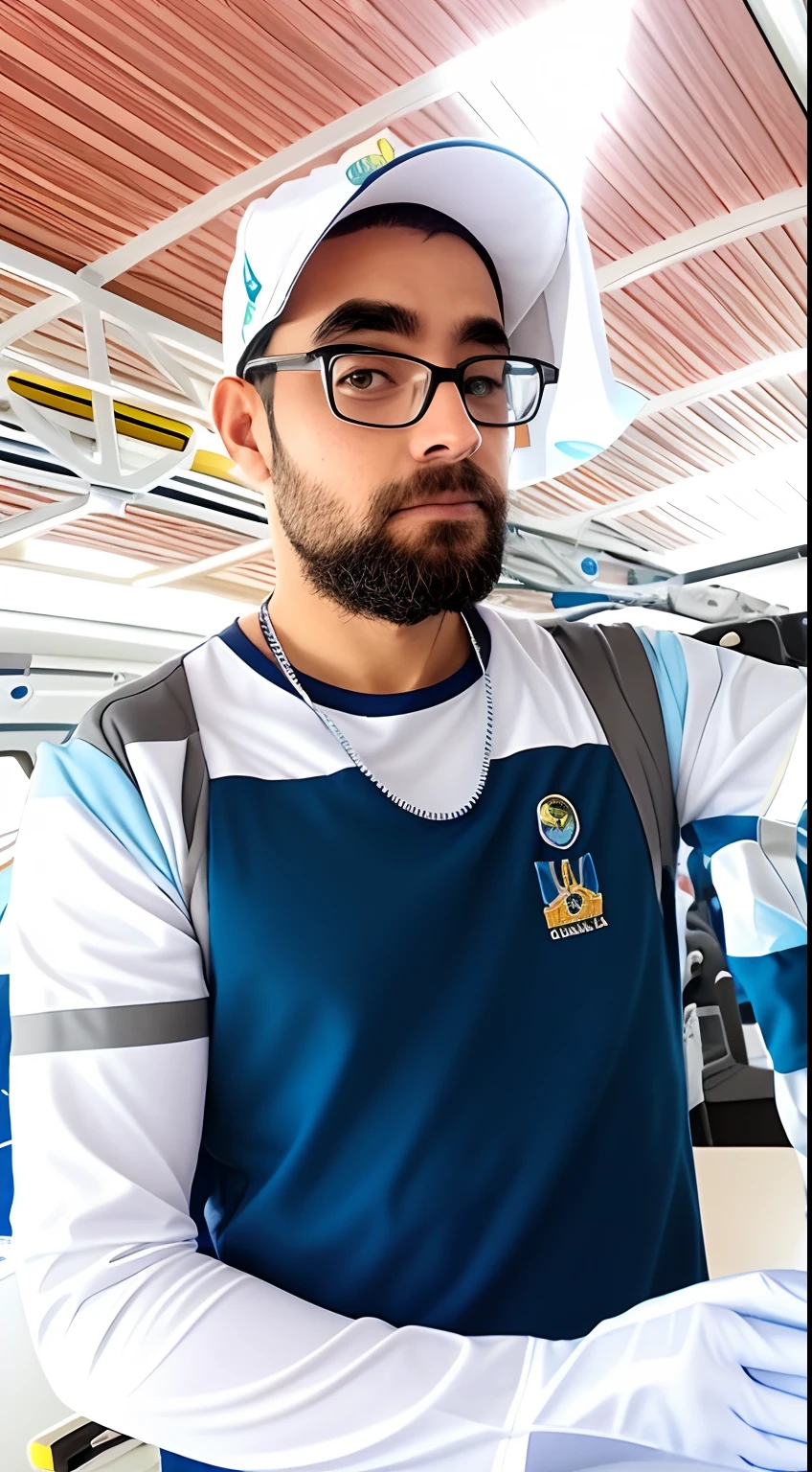 There's a man who's like looking serious., em uma academia, trajes de astronauta! com cara de nerd! glasses! e cavanhaque, not cropped, he is! cerca de 3 0 anos de idade, 3 2 anos