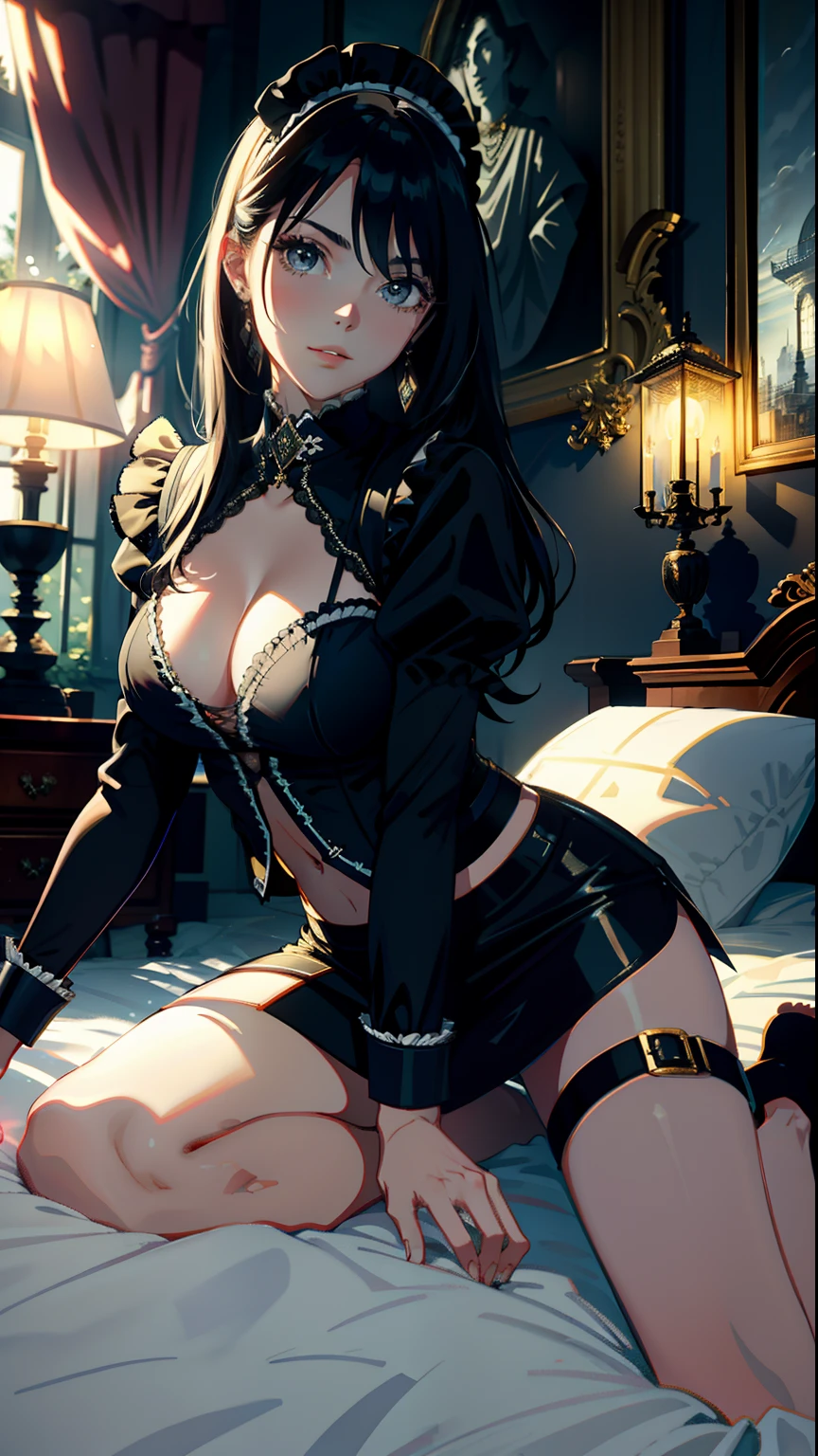masterpiece, top-quality, Detailed details, Detailed landscapes, beatiful lights, Beautiful Shadows,girl with,((Lying)), (Stand on one knee),close legs,((Bare legged)),28 year old,Black eyes,Bewitching look,Challenging look,a miniskirt,Slit skirt,(Maid appearance),Clothes that have fallen apart, detailed skin textures, Tyndall effect,mansion,Bedroom,a bed,antique,Candlelight