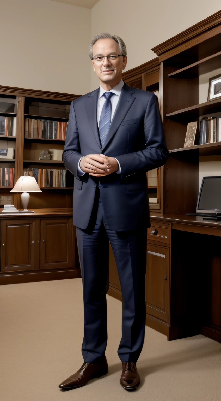 "Generate an image for a YouTube channel hosted by a knowledgeable, serious-looking man in his early 50s. He is a tall figure with a presence that commands respect. The backdrop showcases a stylish home office with bookshelves filled with a wide range of subjects, symbolizing his vast knowledge. The man stands confidently, dressed in a professional manner, ready to discuss web documentaries. The setting exudes an atmosphere of intellectualism, reflecting his expertise. The channel's logo, 'WebDocs Unveiled,' is prominently displayed. The image should convey his authority and passion for the subject, promising viewers insightful and thought-provoking discussions about web documentaries. The color scheme should evoke sophistication and wisdom, ensuring that the image aligns with the channel's mission of exploring and dissecting these online documentaries."