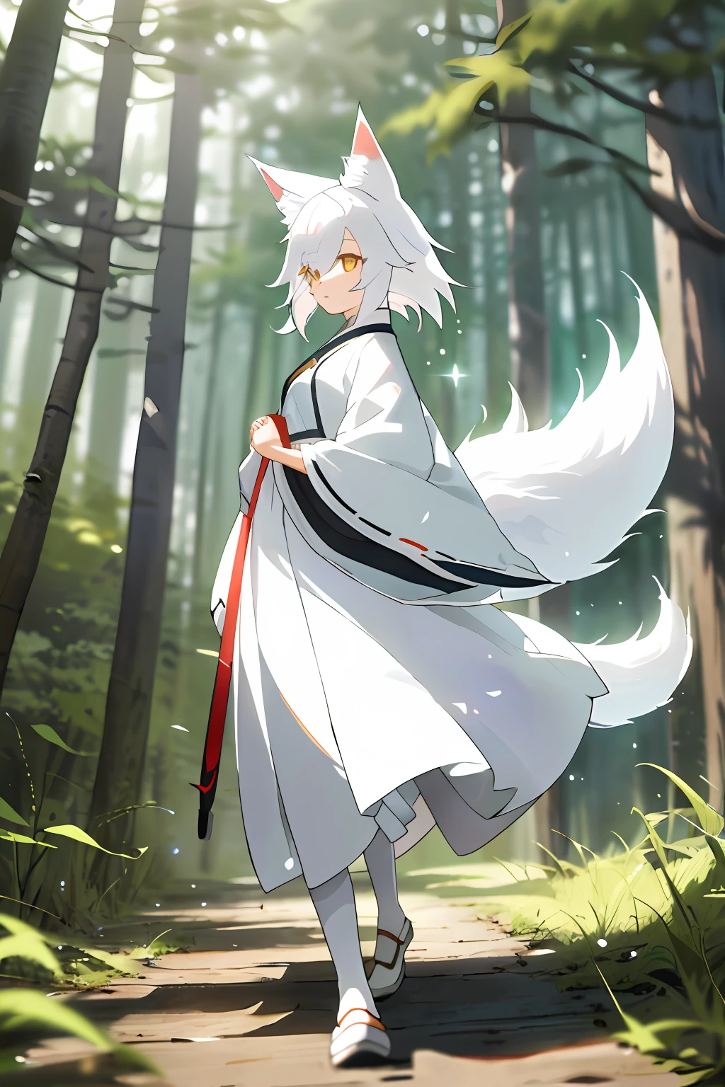 Anime girl in white dress walking in the forest with a white cat, White-haired fox, white fox anime, White fox, fox nobushi, White Cat Girl, Vampire White Fox, Holo is a wolf girl, White fox ears, Kitsune, anime lush john 8k woods, kitsune three - tailed fox, female furry mini cute style