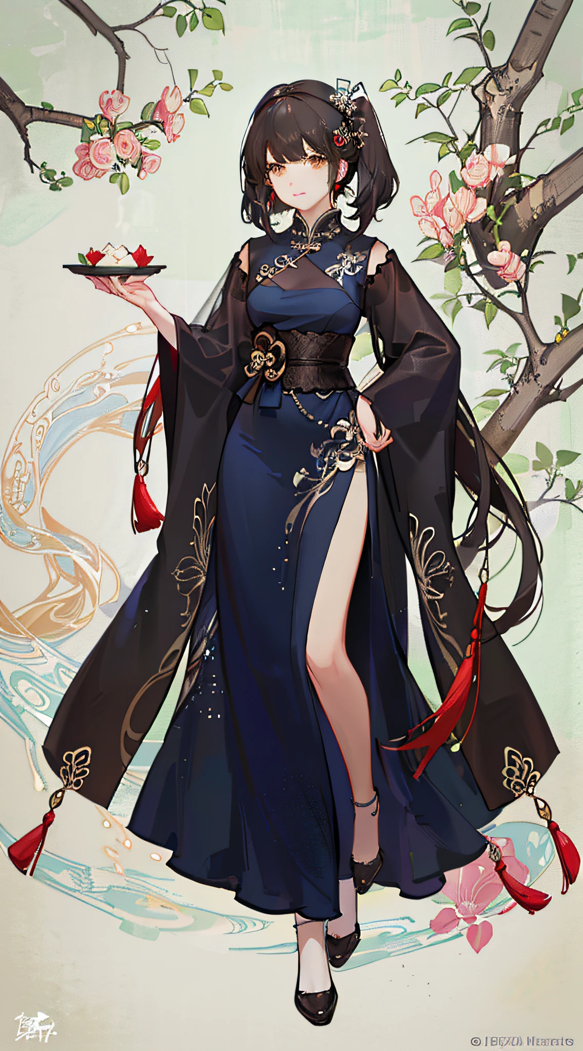 girl,full body,(detailed face:1.2), masterpiece, fashion,chinese dress,, medium hair, black hair, twintails, blunt bangs, brown eyes,