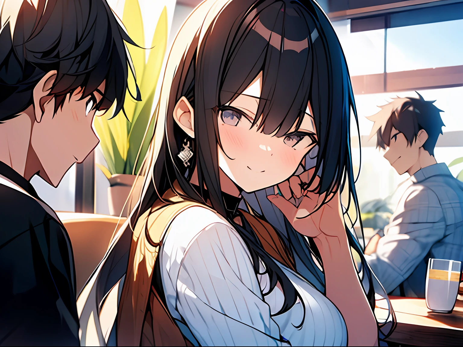 a couple、late 20s age、Man looking at her with a sideways glance、Woman is facing the front、Casual attire、The background is the living room
