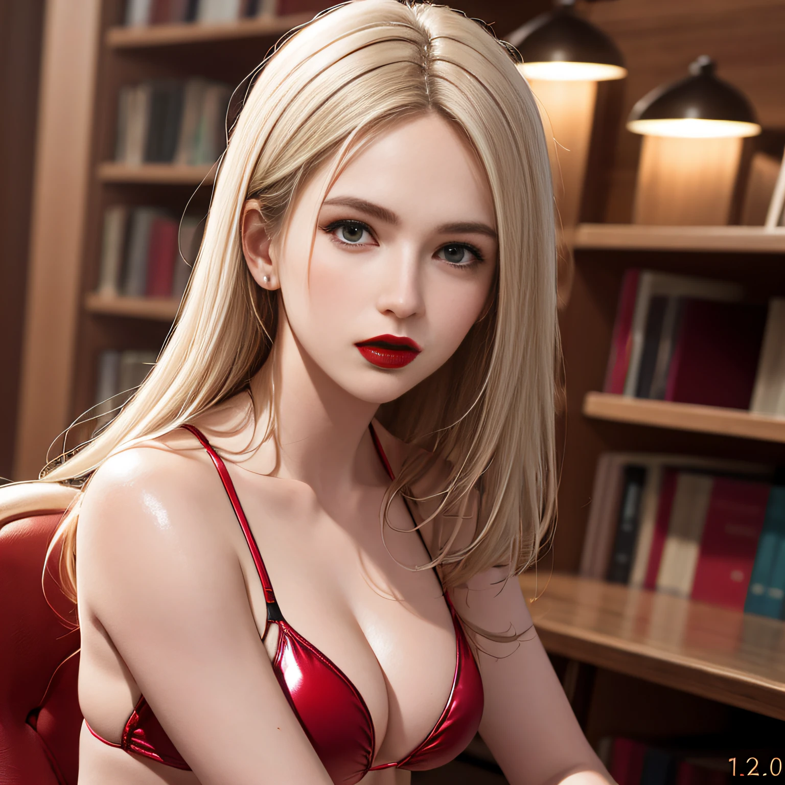 (8K, RAW Photos, of the highest quality, Masterpieces: 1.2), (Realistic, Photorealistic: 1.37), Highest Quality, Ultra High Resolution, light leaks, Dynamic lighting, Slim and smooth skin, (Full body:1.3), (Soft Saturation: 1.6), (Fair skin: 1.2), (Glossy skin: 1.1), Oiled skin, 22 years old, Night, shiny white blonde, Well-formed, Hair fluttering in the wind, Close-up shot of face only, Physically Based Rendering, From multiple angles, The bikini, Red glowing lipstick, atlibrary, a chair
