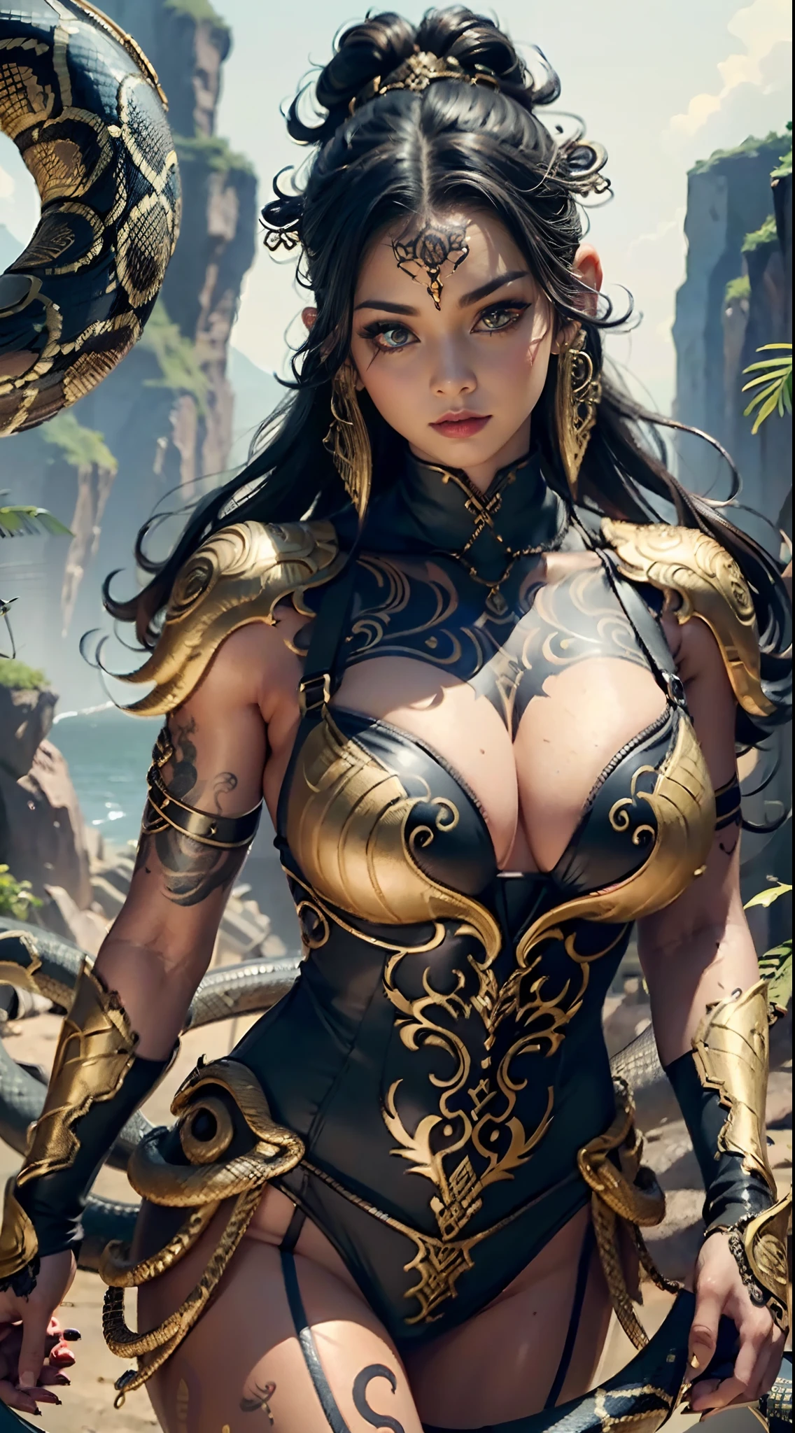 (masterpiece), top quality, expressive eyes, perfect face, smooth skin, tribal tattoo, snake girl, full snake hair, punk style, super plump boobs, tight overalls, tight gold and red gradation armour, 8k_wallpaper, eye detail, body detail , finger detail, (digital artwork), (manga illustration detail), (line art detail), ((perfect)) anatomy, best hand)), (fine detail:1.3), (height detail:1 ,3), (illustration :1 , 3 ), (sharp focus:1,3), (natural light:1,05), (light color:1,3), magic cliff backdrop,