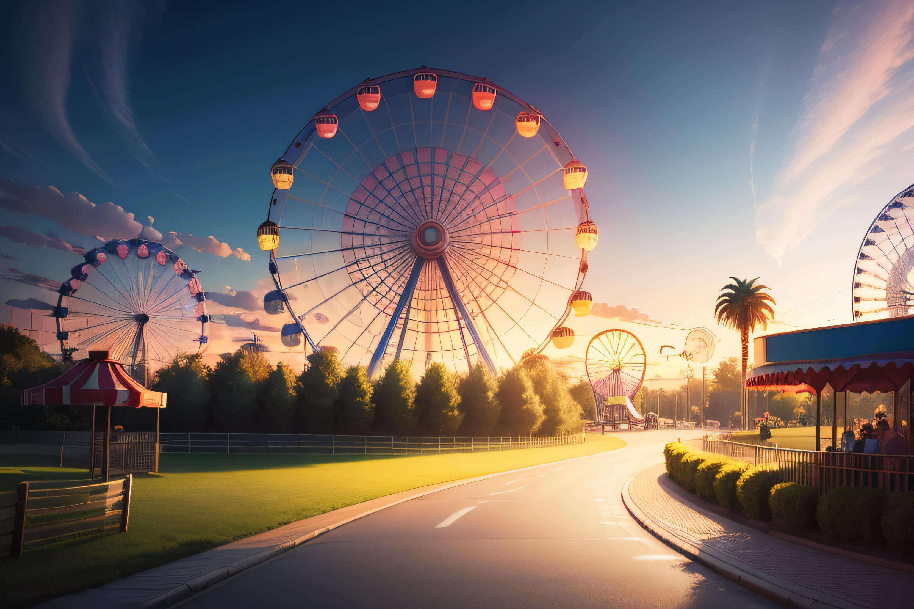 Amusement park grounds,grassy fields,pathway,flat land