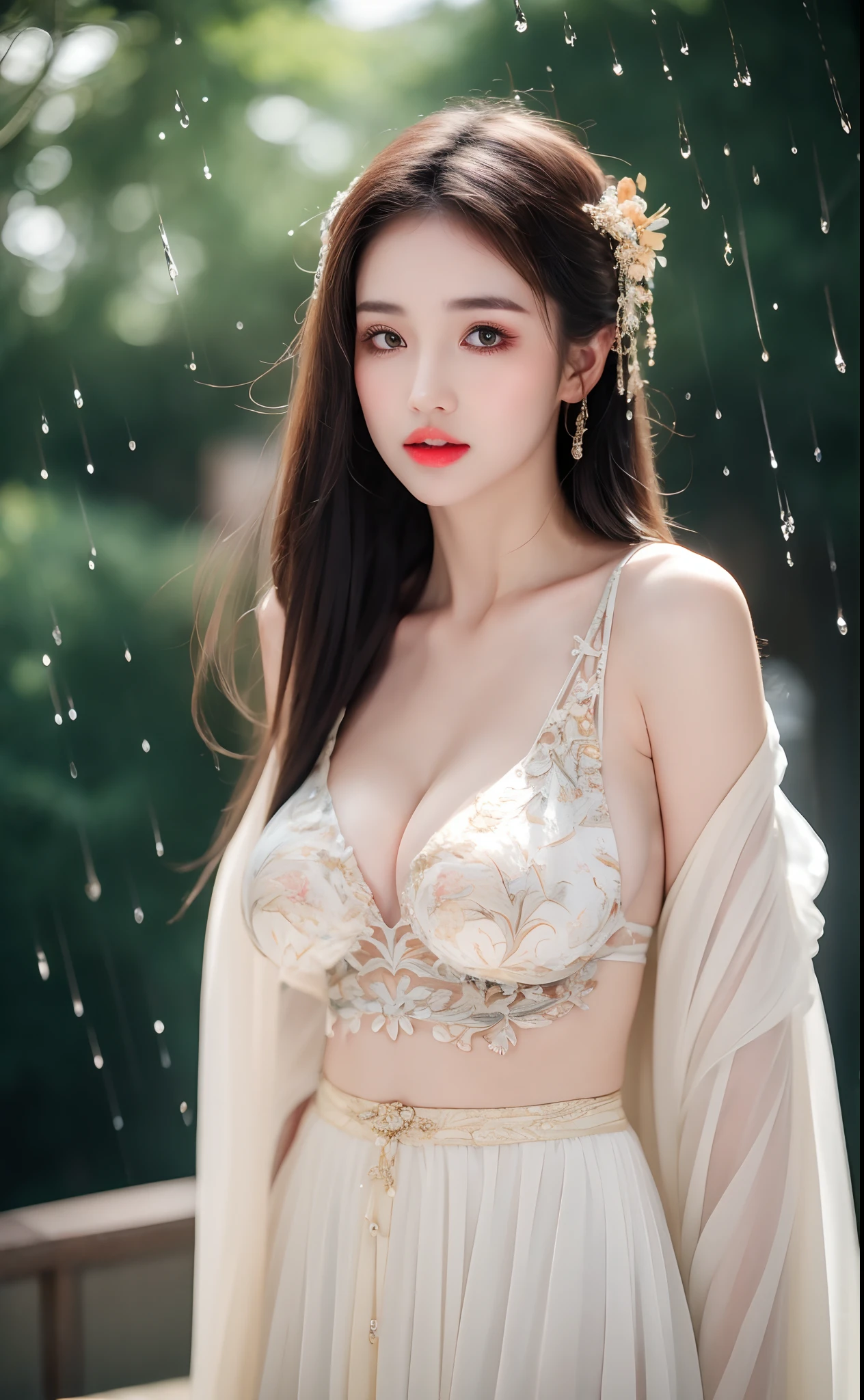 ((Best Quality, 8k, Masterpiece: 1.3)), Focus: 1.2, Perfect Body Beauty: 1.4, Buttocks: 1.2, ((Layered Haircut)), (Wet Clothes: 1.1), (Rain, Street:1.3), (Breasts: 1.2), (Hanfu: 1.2), Bare Shoulders, Bare Legs, Highly Detailed Face and Skin Texture, Fine Eyes, Double Eyelids, Whitened Skin, Long Hair, (Shut Up: 1.5), (Bokeh Background: 1.5), Big Breasts