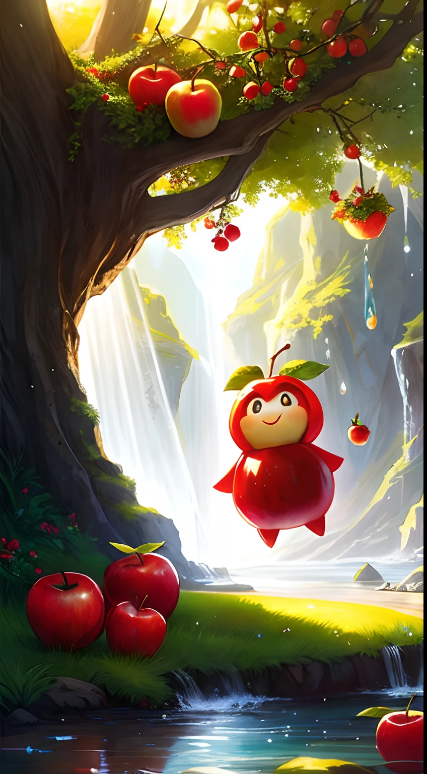 （（tmasterpiece：1.3，concept-art，best qualtiy）），Very cute and attractive anthropomorphic apple，looking at viewert，Hefty Smile，cheerfulness，the fruits，berries，water dripping，Macro，rays of sunshine，Fantasyart，dynamic compositions，dramatic  lighting，Epic reality，award-winning illustrations，