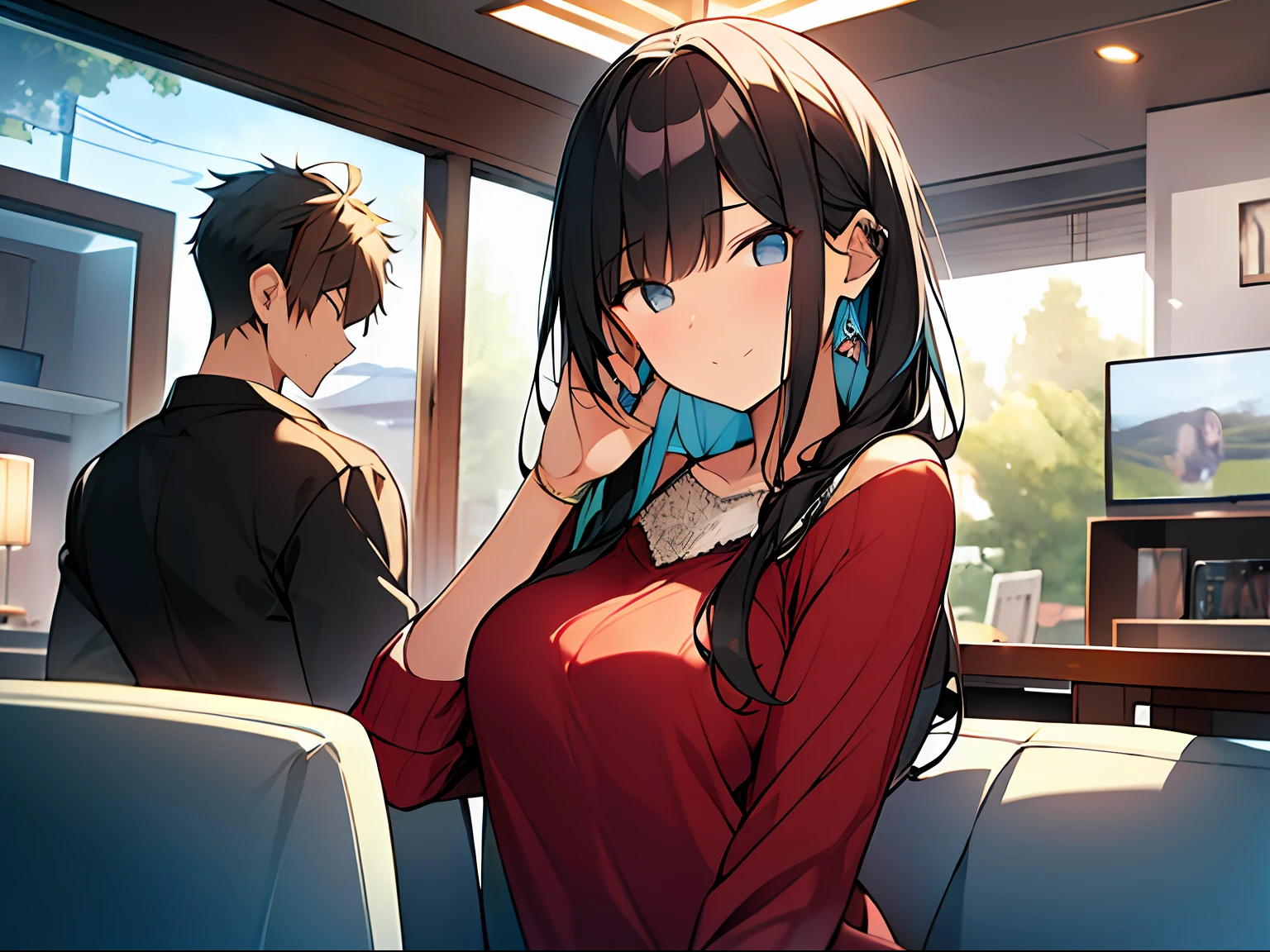 a couple、late 20s age、Man looking at her with a sideways glance、Woman is facing the front、Casual attire、The background is the living room