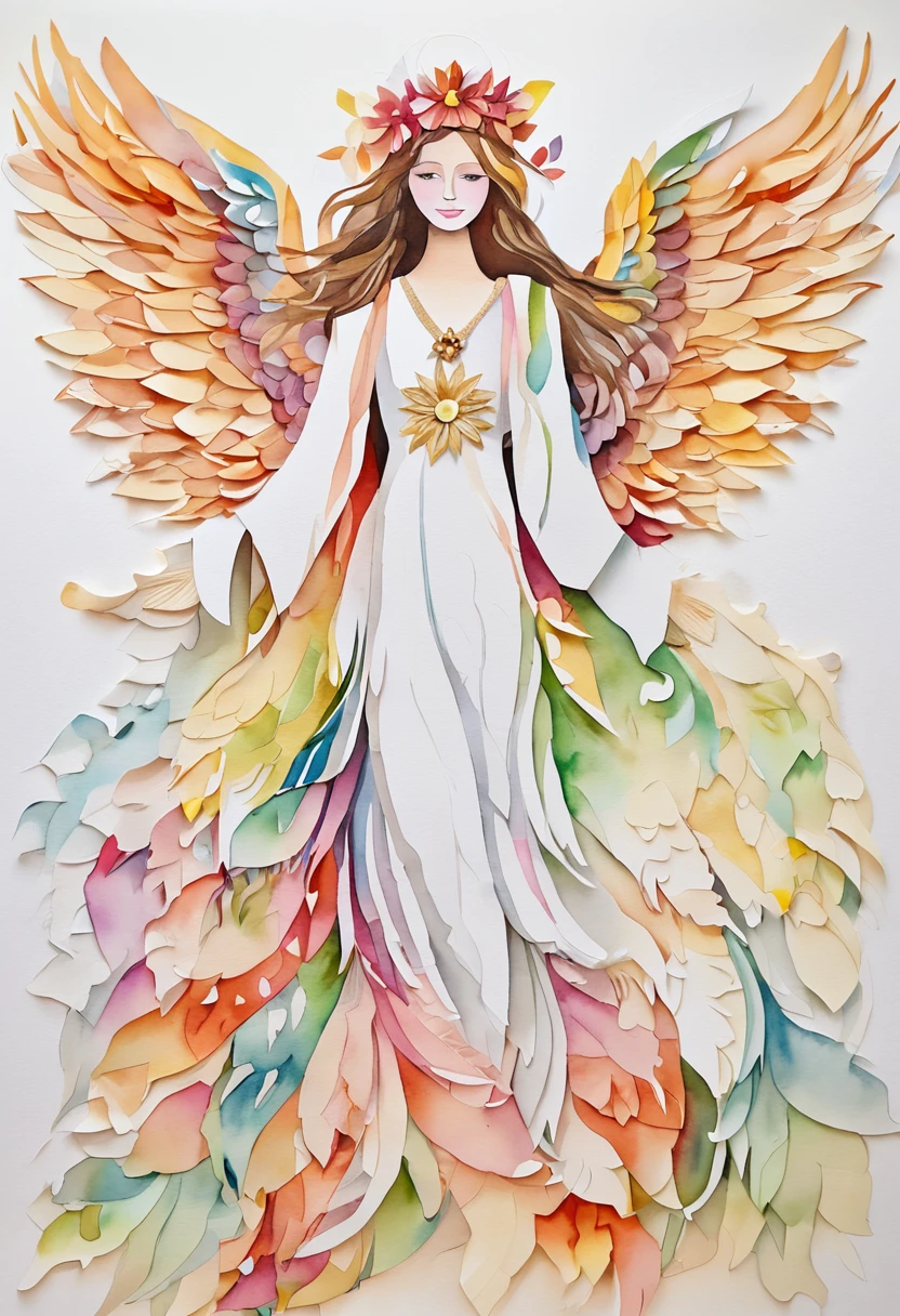 (FULL BODYSHOT:1.4),  White background, (1 Angel Girl,Glowing wings, Halo, Exquisite headdress, Smile), (paper art, Quilted Paper Art, Geometry), highly colorful