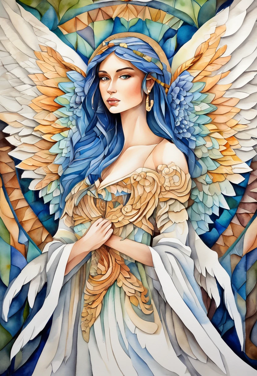 (FULL BODYSHOT:1.4), White background, (1 Angel Girl,Glowing wings, Halo, Exquisite headdress, Smile), (paper art, Quilted Paper Art, Geometry), highly colorful