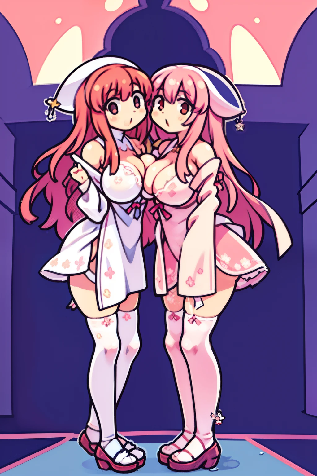 2girls,girl1:adolable,A pink-haired,Long whit hair,white stockings,robe blanche,Girl 2:adolable,A pink-haired,Long whit hair,white stockings,robe blanche。Kisses and hugs