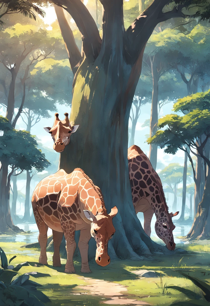Giraffes and hippos and lions,Drink coconuts together under the trees of the big forest