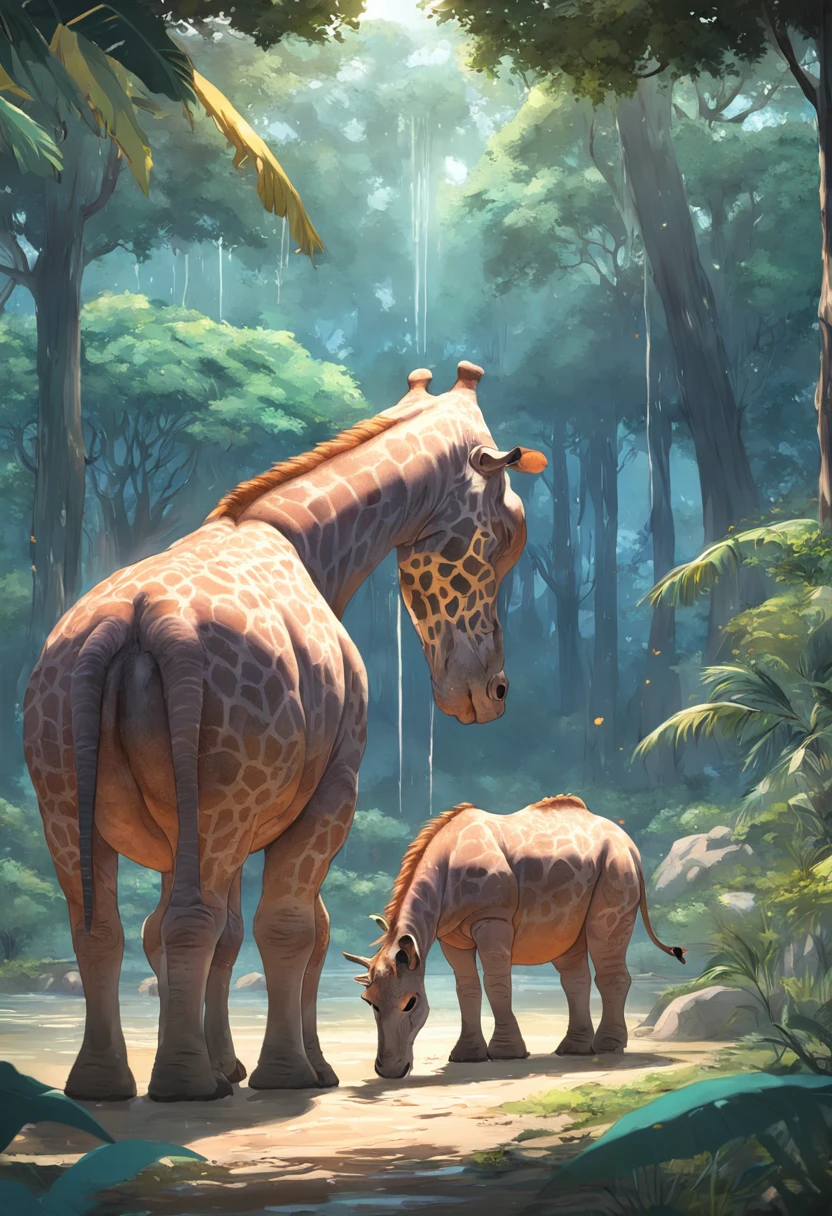 Giraffes and hippos and lions,Drink coconuts together under the trees of the big forest