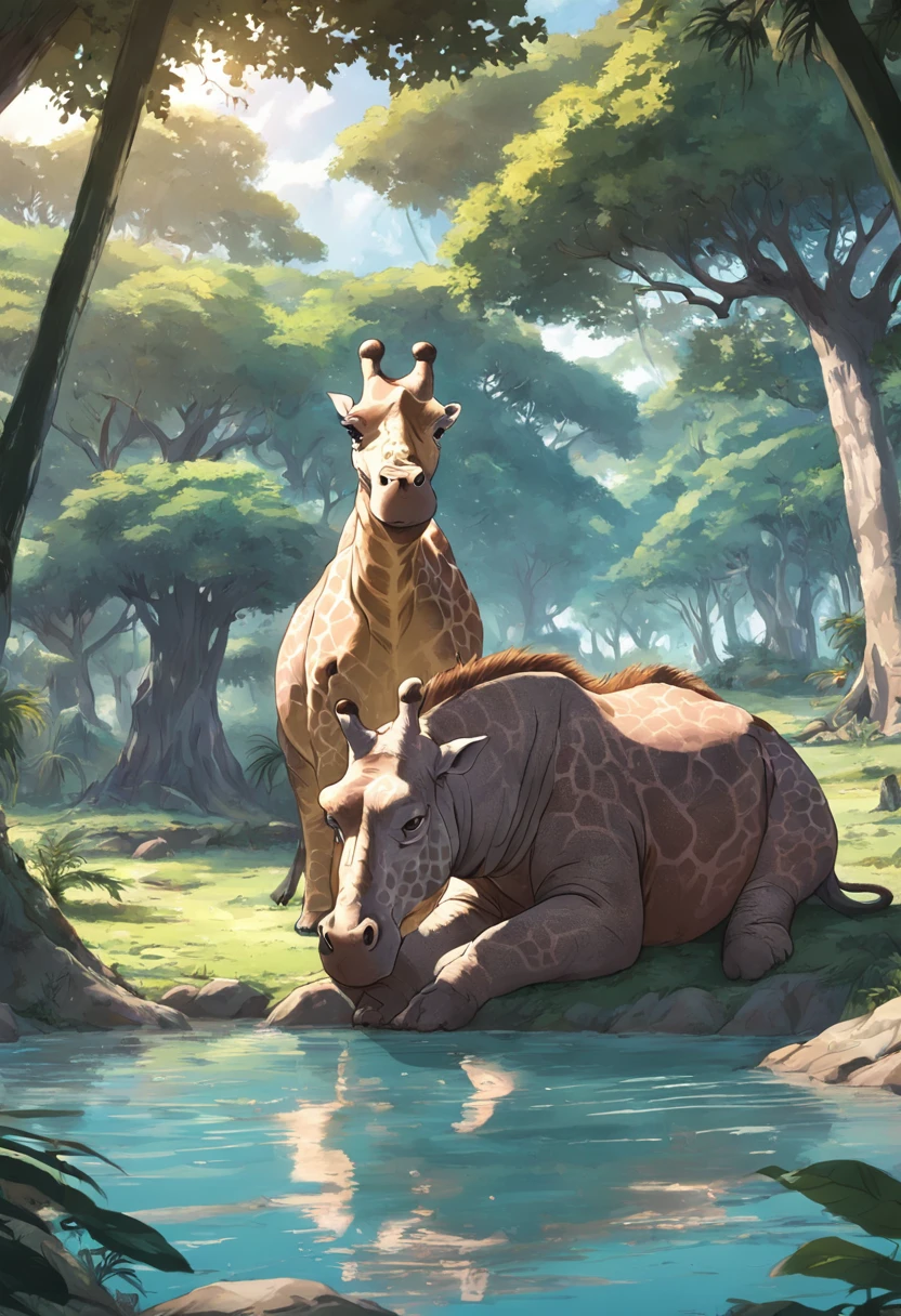 Giraffes and hippos and lions,Drink coconuts together under the trees of the big forest