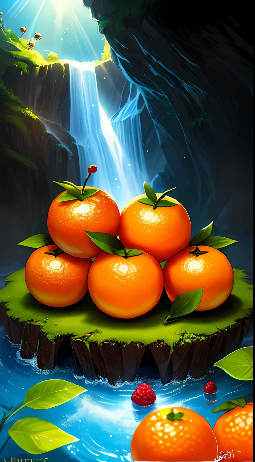 ((tmasterpiece:1.3,concept-art,best qualtiy)),Very cute and attractive anthropomorphic oranges,looking at viewert,Hefty Smile,cheerfulness,the fruits,berries,water dripping,Macro,rays of sunshine,Fantasyart,dynamic compositions,dramatic lighting,Epic reality,award-winning illustrations,