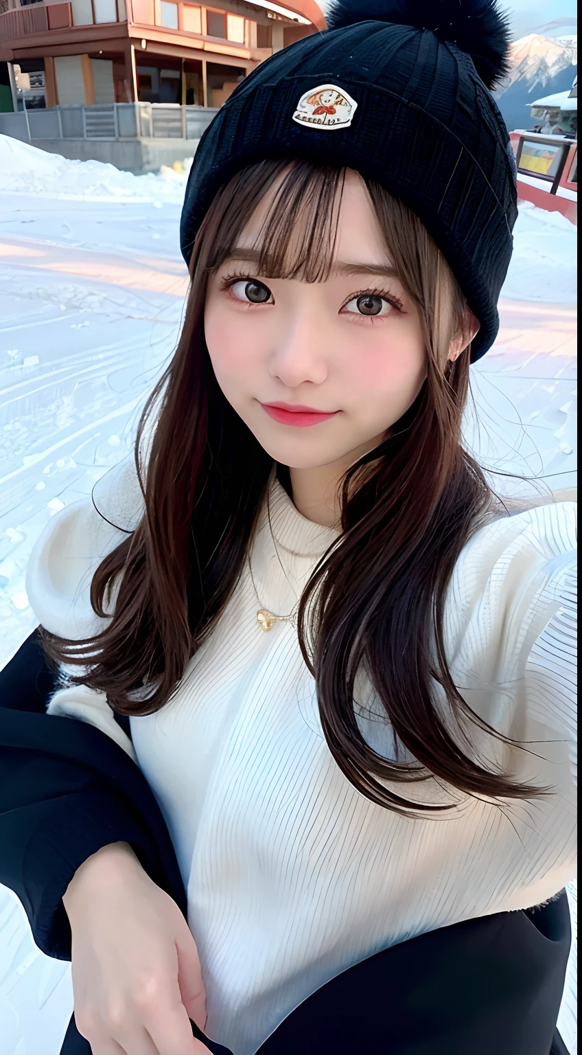 8K raw photos、hight resolution、abdominals、ribbed、A dark-haired、Beautiful at 22 years old Japan、with round face、Very small lips、Round Big、Valley、beautiful eyes finely detailed、long eyeslashes、Beautiful double eyelids、Sanpaku eyes、Duck mouth、Blunt bangs、Okappa、耳Nipple Ring、a necklace、random facial expression、(Background Ski Resort)、 Looking at Viewer,snow mountains、a ski、(vestments:Ski Wear)、knit hat、Full body