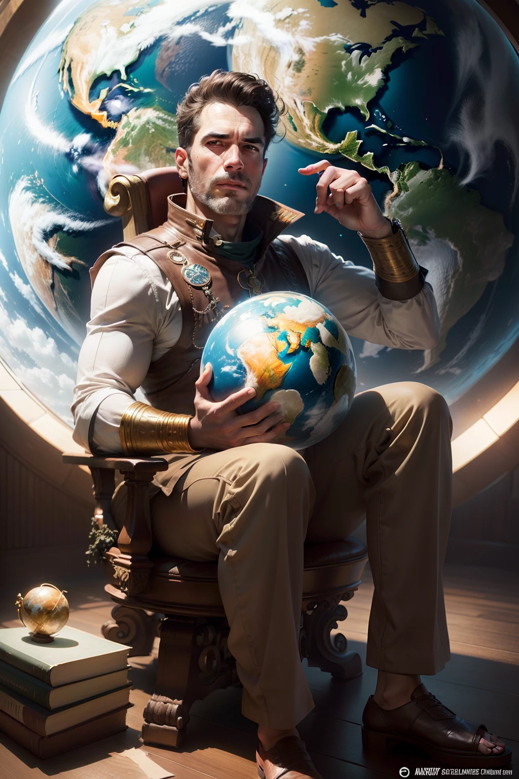 Man holding a globe in his hands, , artgerm detalhado (trono:1.5) (acima do planeta:1.5) (universo) (heaven) (planeta terra) (billion people:1.5) (adorando) (realismo) (imagem realista)