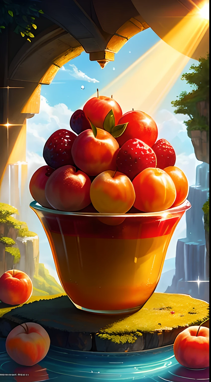 ((tmasterpiece:1.3,concept-art,best qualtiy)),Very cute and attractive anthropomorphic peaches,looking at viewert,Hefty Smile,cheerfulness,the fruits,berries,water dripping,Macro,rays of sunshine,Fantasyart,dynamic compositions,dramatic lighting,Epic reality,award-winning illustrations,