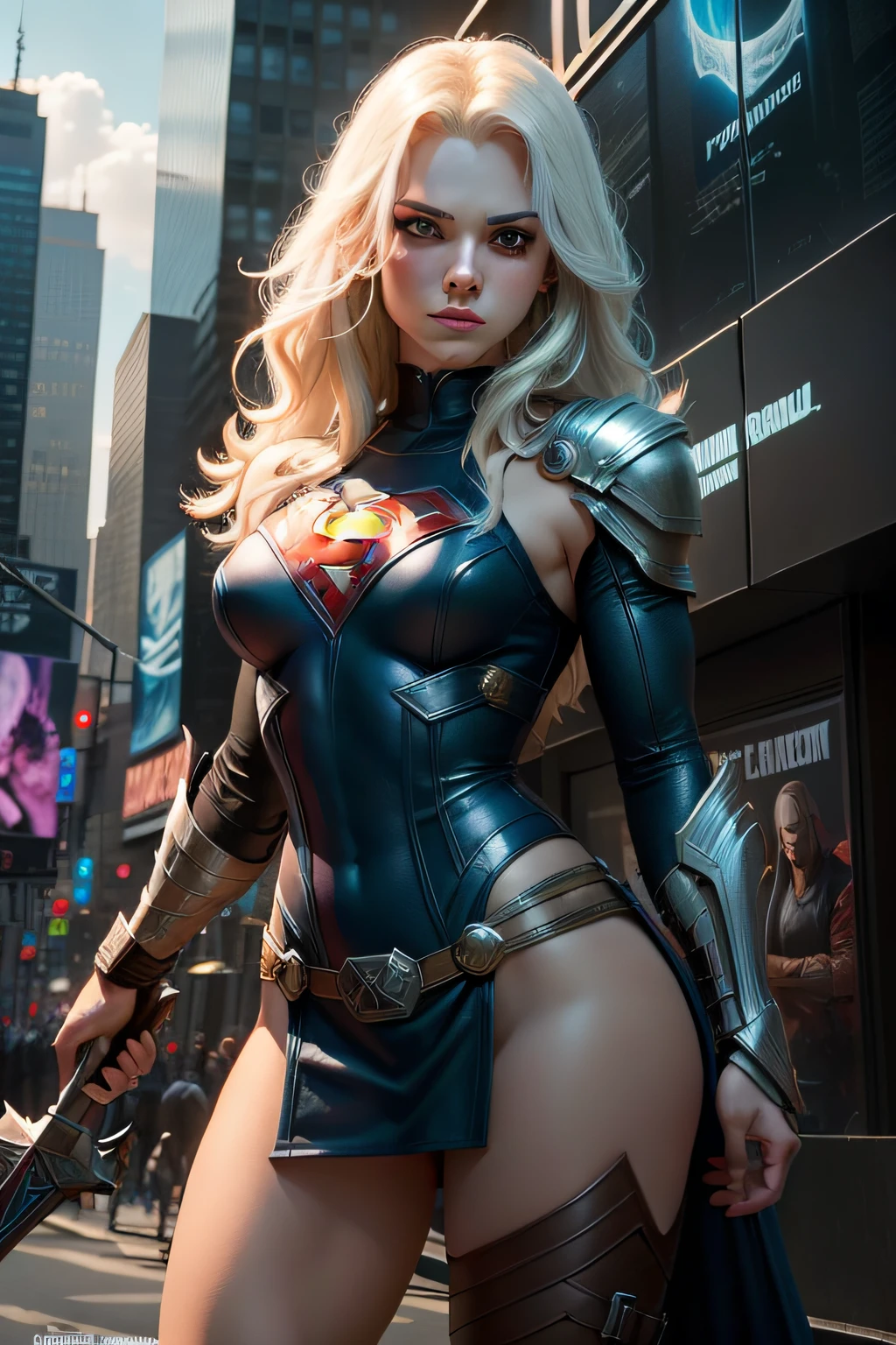 Wield the iconic hammer, Mjolnir, new york city, time square, Thor Girl, Also known as Talen, is a Marvel Comics character. She is the goddess of Asgard in Marvel mythology，Has powers similar to Thor, Wield the hammer Mjolnir, Including Thunder Manipulation and Superman Strength. Taryn is an ally of the New Warriors and the Avengers, Known for Thor-style clothing. Her journey takes her to explore her sacred and mortal identity, Facing cosmic challenges. Her compassionate personality and desire to do good set her apart, Contribute to the richness of the Marvel Universe.