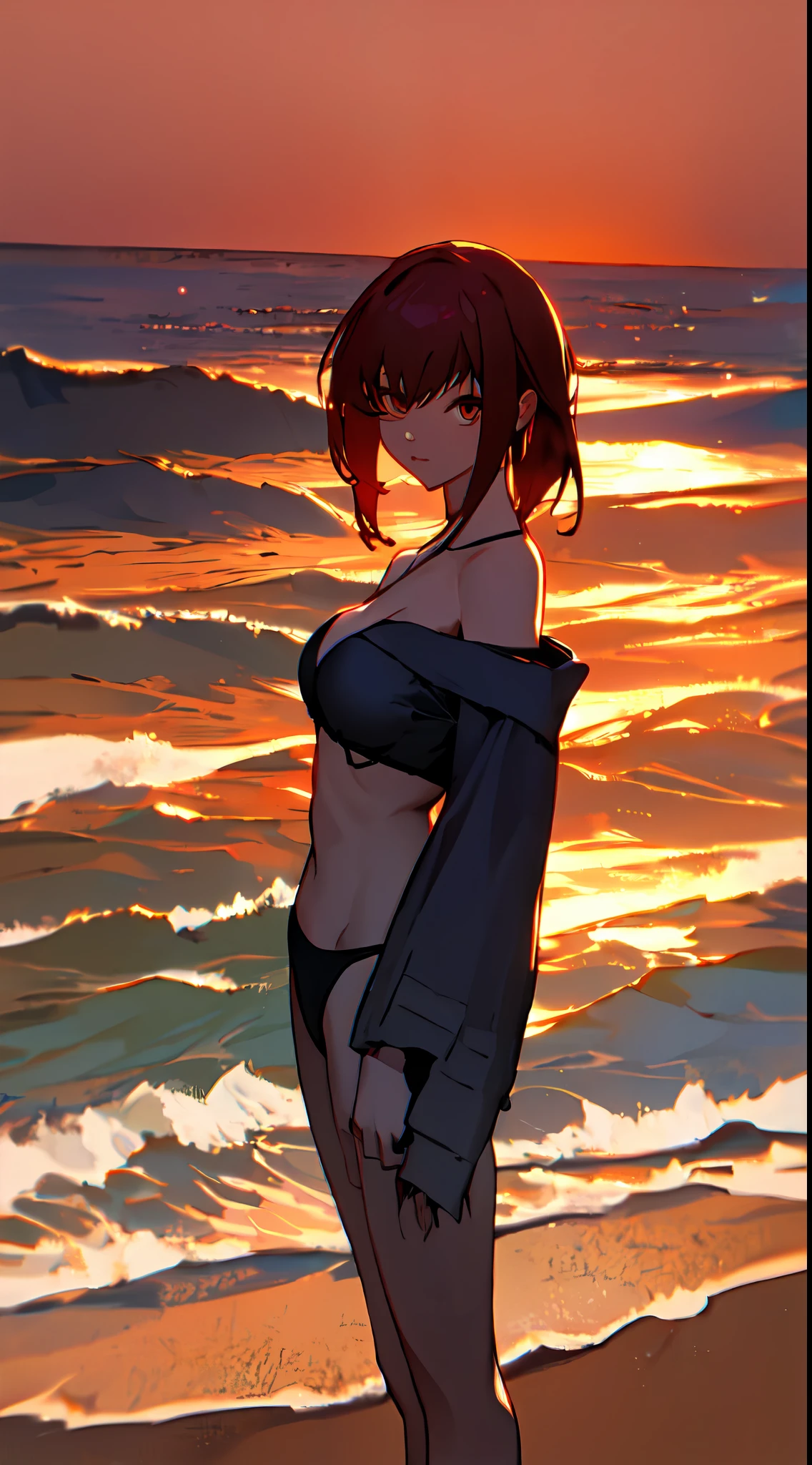 Blick in die kamera,schwarzer Bikini, white off-the-shoulder top, Sonnenuntergang am Strand, Meer im Hintergrund, reddish background"