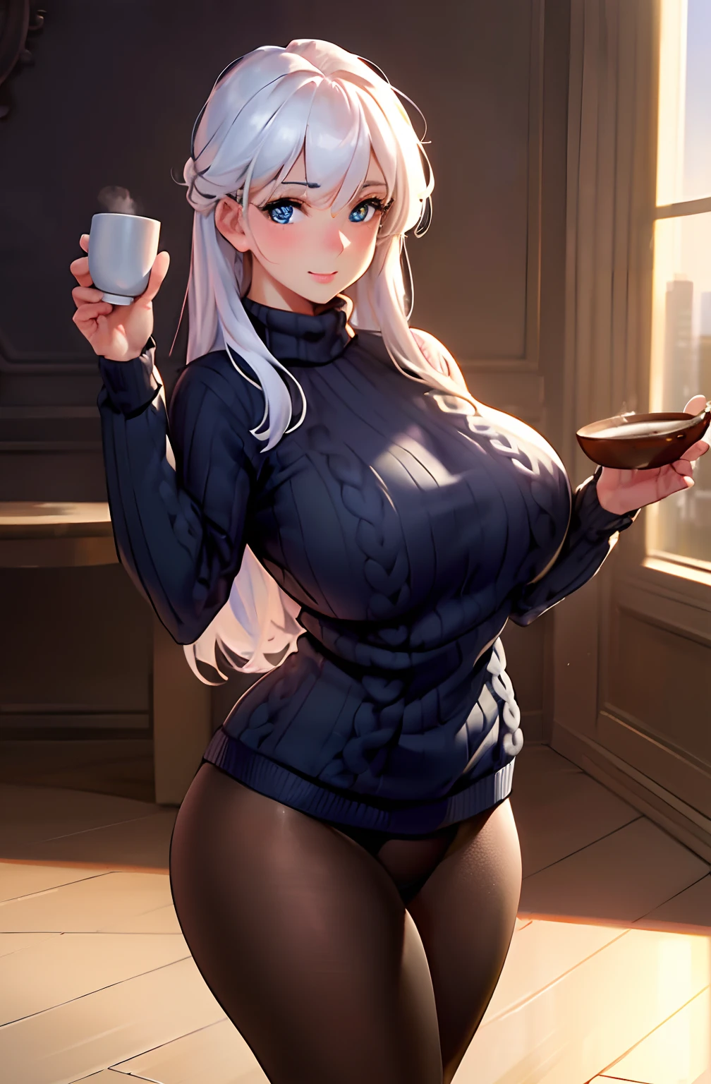 (masterpiece, best quality:1.4), (modern days), (cowboy shot), 1girl, solo, pov, sfw, stunning girlfriend, (standing:1.1), dynamic pose, (white oversized sweater, knit sweater:1.4), (Tight Yoga Pants,dark grey yoga pants:1.4),(Navy blue short jacket,jean jacket:1.4),long Brond Hair,By bangs,heart - shaped face,Elegant face,beauitful face,High detail face,Highly detailed skin,skin pore,sub surface scattering,(Blue eye details),realistic pupil,crisp breasts,A loving smile,looking at viewert,full blush,'s plump lips,holding a single coffee cup,at centre,coffee shop in background,the city street,Sunnyday, ventania, detailed back ground, depth of fields, atmosphric perspective, Volumetriclighting, Clear focus, absurd res, Realistic proportions, Good anatomy, (realisticlying, Hyper-realistic:1.4), 16k hdr,A sagging breast,Breast-huge