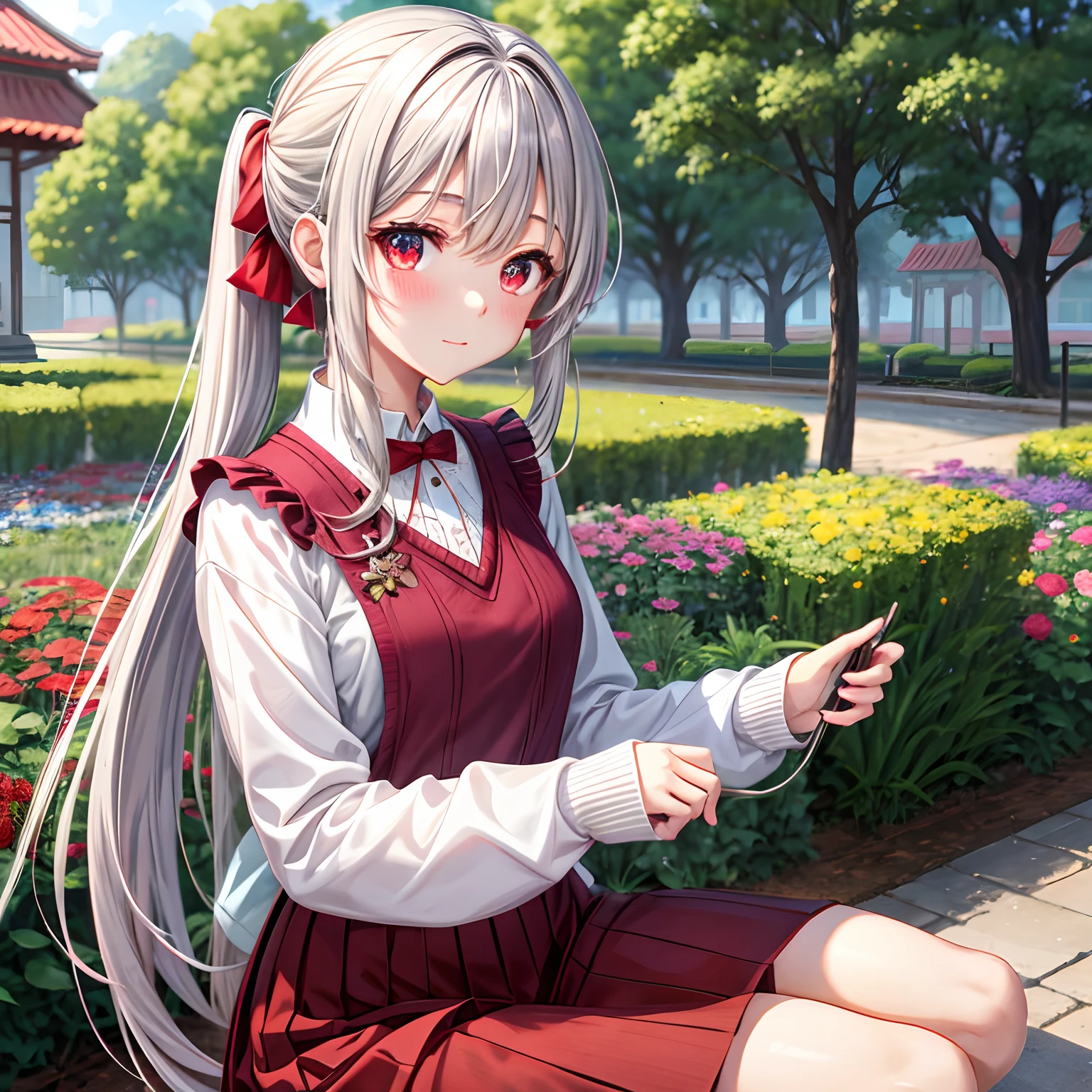 red blush、Silvery hair、poneyTail、red eyes、Beautiful girl alone、animesque、独奏、Sweaters、skirt by the、flower field、