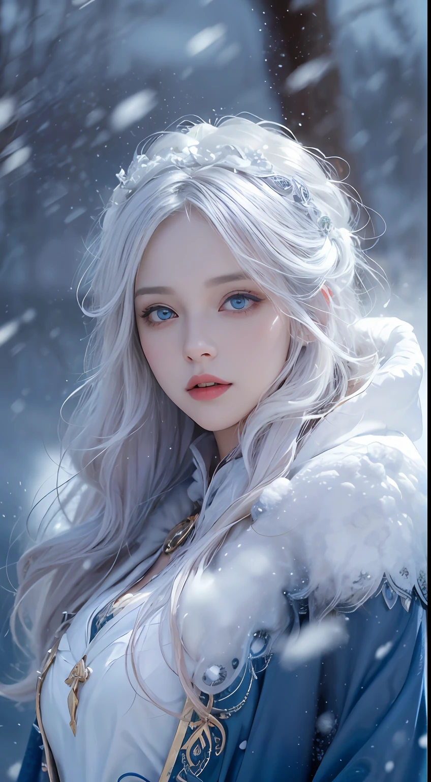 Photorealistic, high resolution, 1 Women, Solo, (ta costume),Gorgeous costumes,Face the audience,The upper part of the body,upper legs, beautidful eyes, White hair, ringed eyes, (outside,Heavy snowfall,Cloak,Cover with snow),snowfield,Blue eyes,Illustrations of the highest quality,A meticulous face