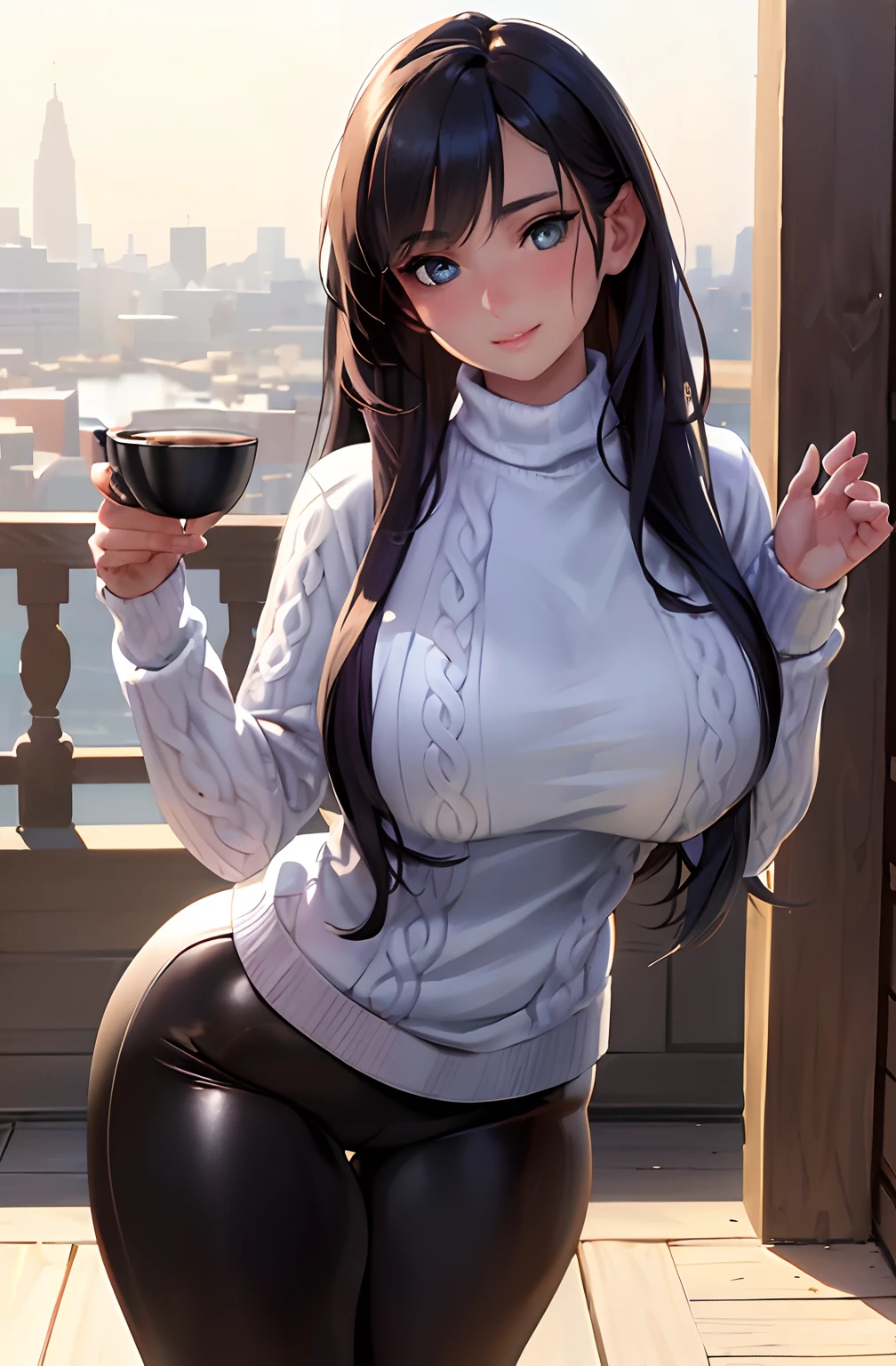 (masterpiece, best quality:1.4), (modern days), (cowboy shot), 1girl, solo, pov, sfw, stunning girlfriend, (standing:1.1), dynamic pose, (white oversized sweater, knit sweater:1.4), （Tight Yoga Pants，dark grey yoga pants：1.4），（Navy blue short jacket，jean jacket：1.4），long Brond Hair，By bangs，heart - shaped face，Elegant face，beauitful face，High detail face，Highly detailed skin，skin pore，sub surface scattering，（Blue eye details），realistic pupil，crisp breasts，A loving smile，looking at viewert，full blush，'s plump lips，holding a single coffee cup，at centre，coffee shop in background，the city street，Sunnyday, ventania, detailed back ground, depth of fields, atmosphric perspective, Volumetriclighting, Clear focus, absurd res, Realistic proportions, Good anatomy, (realisticlying, Hyper-realistic:1.4), 16k hdr,A sagging breast