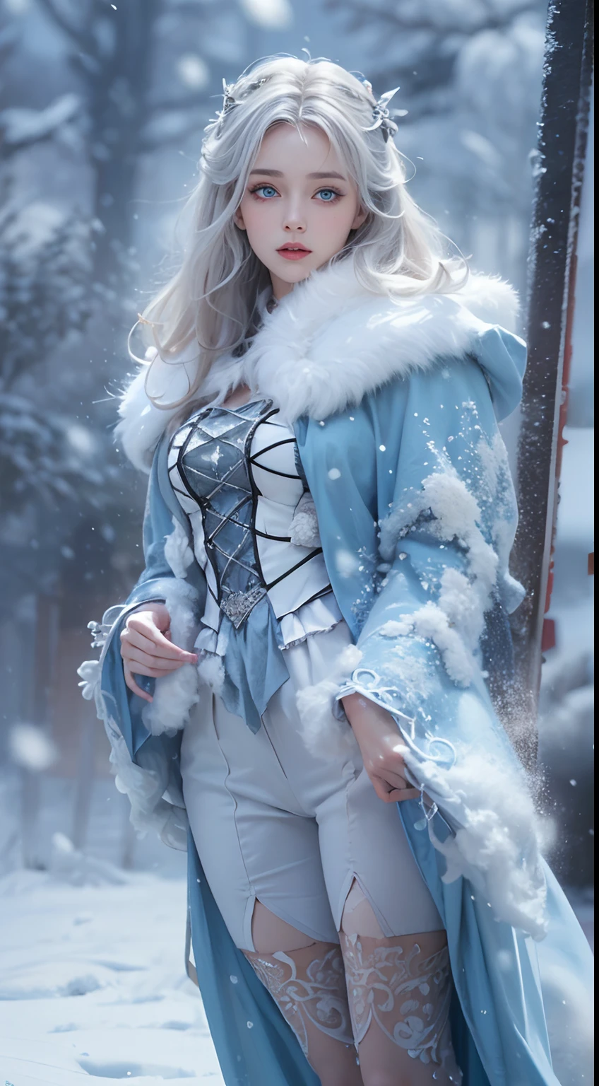 Photorealistic, high resolution, 1 Women, Solo, (Lolita costume),Gorgeous costumes,Face the audience,The upper part of the body,upper legs, beautidful eyes, White hair, ringed eyes, (outside,Heavy snowfall,Cloak,Cover with snow),snowfield,Blue eyes,Illustrations of the highest quality,A meticulous face