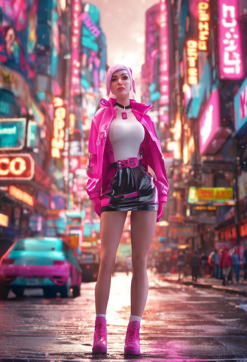 Full body like，United Kingdom，short detailed hair，A pink-haired，nurses，white  clothes，perfect figure beautiful woman, huge tit，Highly detailed facial and skin texture，A detailed eye，二重まぶた ( City street:1.1)