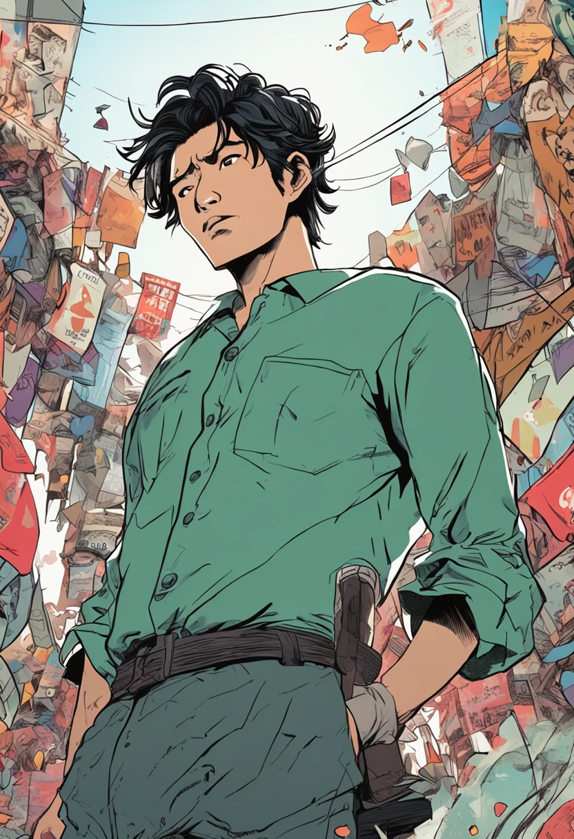An Asian man with black hair,expression of surprise,kentaro miura manga art style, color comic,The background is stock market related