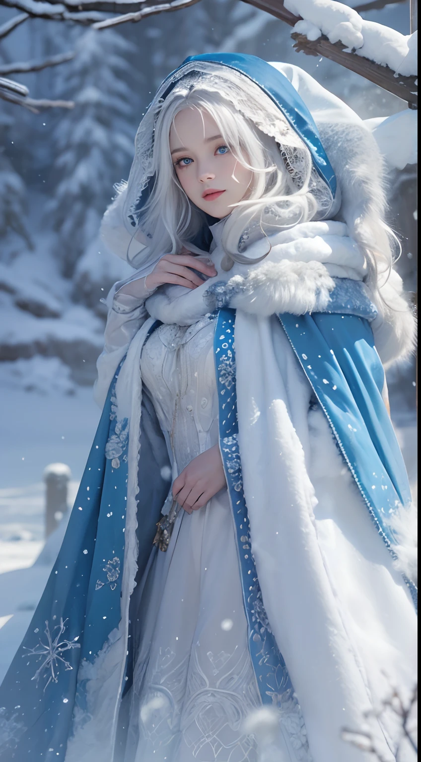 Photorealistic, high resolution, 1 Women, Solo, (Lolita costume),Gorgeous costumes,Face the audience,The upper part of the body,upper legs, beautidful eyes, White hair, ringed eyes, (outside,Heavy snowfall,Cloak,Cover with snow),snowfield,Blue eyes,Illustrations of the highest quality,A meticulous face