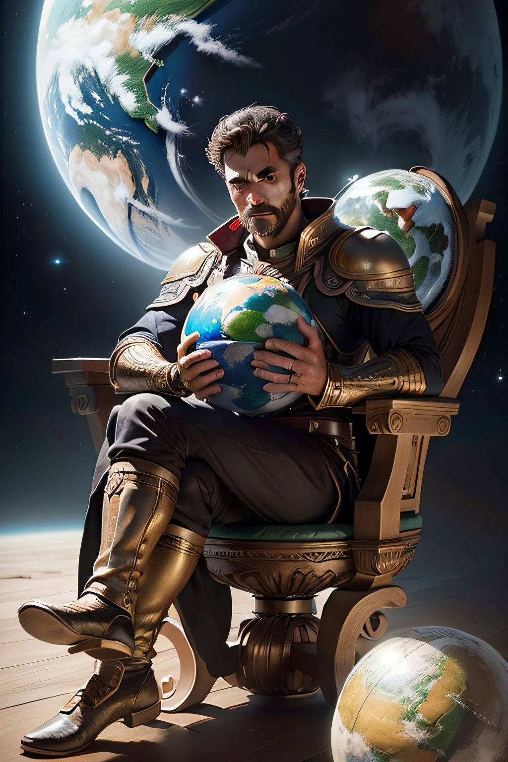Man holding a globe in his hands, , artgerm detalhado (trono:1.5) (acima do planeta:1.5) (universo) (heaven) (planeta terra) (billion people:1.5) (adorando) (realismo) (imagem realista)