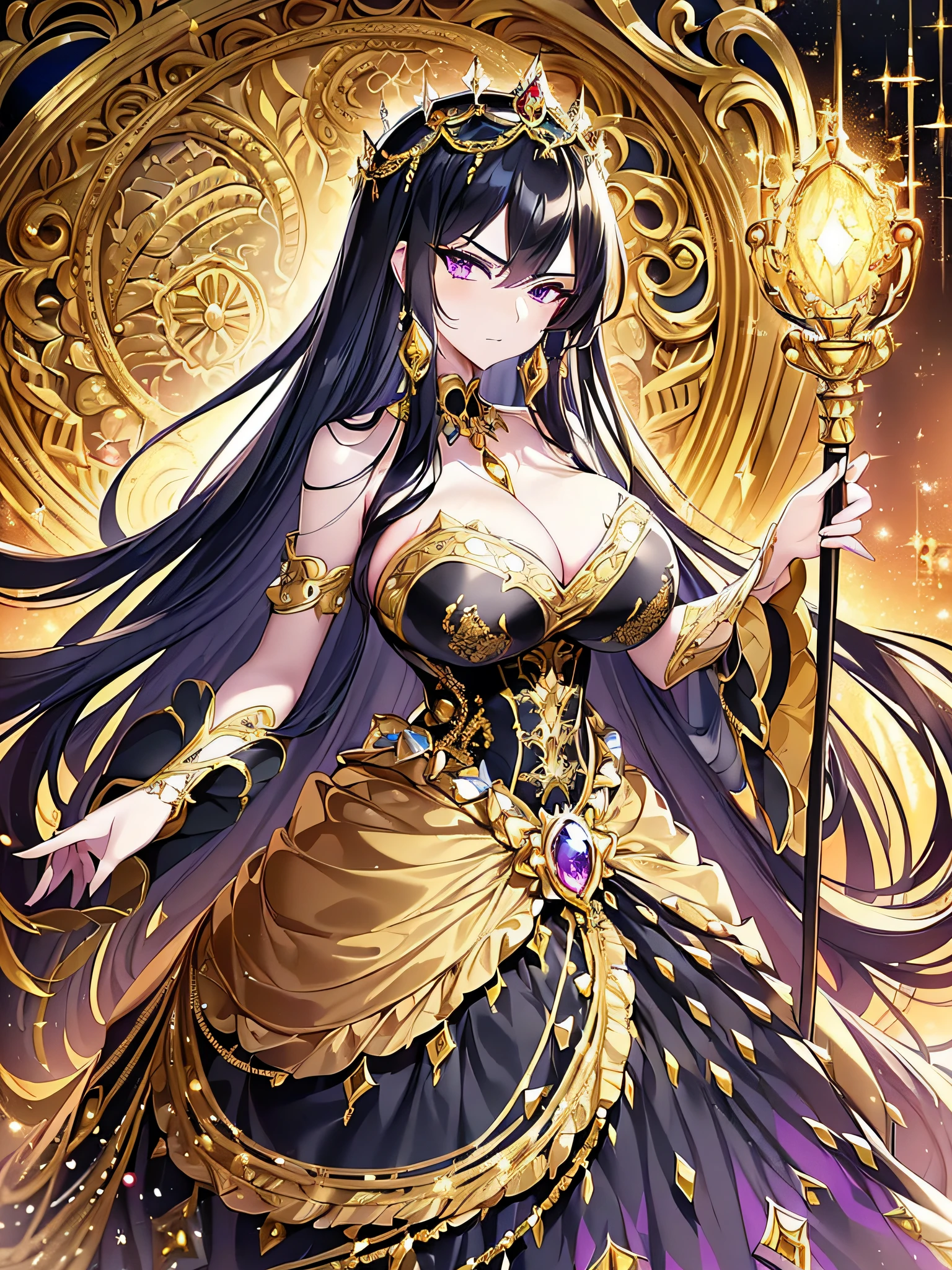 ((anime artstyle)),(Masterpiece),(Best Quality),(Super Detail),(Very Delicate and Beautiful),Solo,((full body)),((BlingBling)),((1 arrogant princess in beautiful embroidery black and gold gorgeous rococo ballgown with  voluminous full length hoop skirt)),((crinoline)),gorgeousfull embroidery,Long train((arrogant,haughty)),(((arrogant smile))),Sharp eyes,(holding a luxurious scepter),((gorgeous gemstone jewelry)),detailed face and eyes,jewel-like eyes,Purple eyes,(Bangs between eyes),((large amount of straight hair,extremely Long voluminous black Hair)),((gigantic tits,Long tits)),gorgeousfull embroidery,cleavage,extremely gorgeousfull hair ornament,(bling-bling extremely gorgeousfull jeweled tiara),gorgeous corsage,(Dynamic Angle),Looking at viewer,((full body)),((beautiful embroidery and glitter jeweled black and gold gorgeous rococo ballgown with voluminous full length hoop skirt))