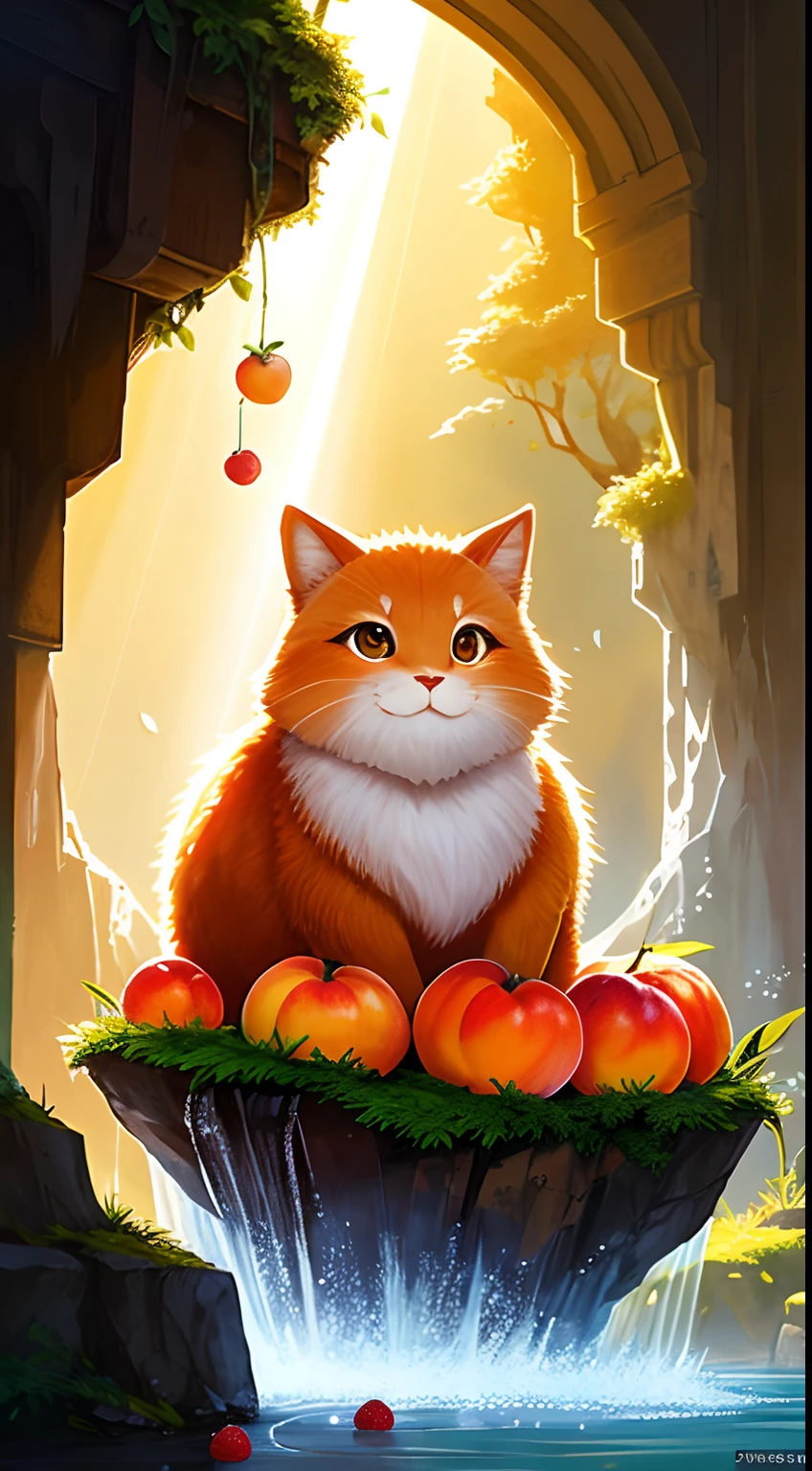 （（tmasterpiece：1.3，concept-art，best qualtiy）），Very cute and attractive anthropomorphic peaches，looking at viewert，Hefty Smile，cheerfulness，the fruits，berries，water dripping，Macro，rays of sunshine，Fantasyart，dynamic compositions，dramatic  lighting，Epic reality，award-winning illustrations，