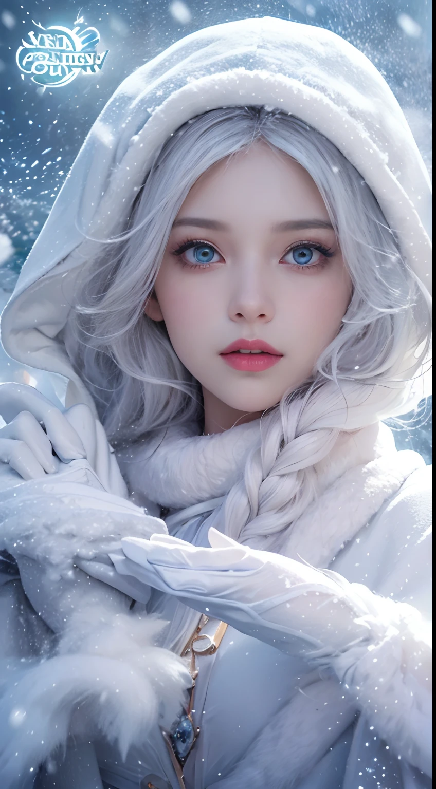Photorealistic, high resolution, 1 Women, Solo, (Lolita costume),Gorgeous costumes,Face the audience,The upper part of the body,upper legs, beautidful eyes, White hair, ringed eyes, (outside,Heavy snowfall,Cloak,Cover with snow),snowfield,Blue eyes,Illustrations of the highest quality,A meticulous face