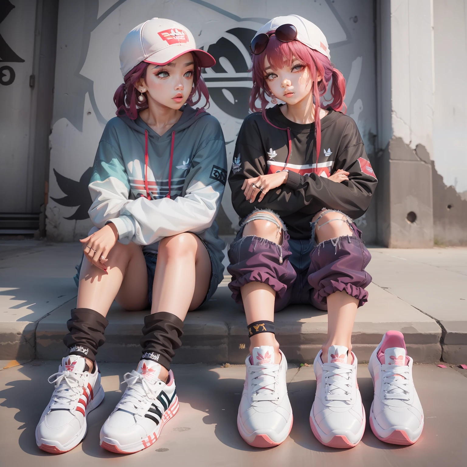seorang gadis remaja yang sedang berdiri di dekat tembok yang penuh dengan mural graffiti, menguntungkan jaket merk supreme sepatu Adidas yeeze, xan celana joger adidas