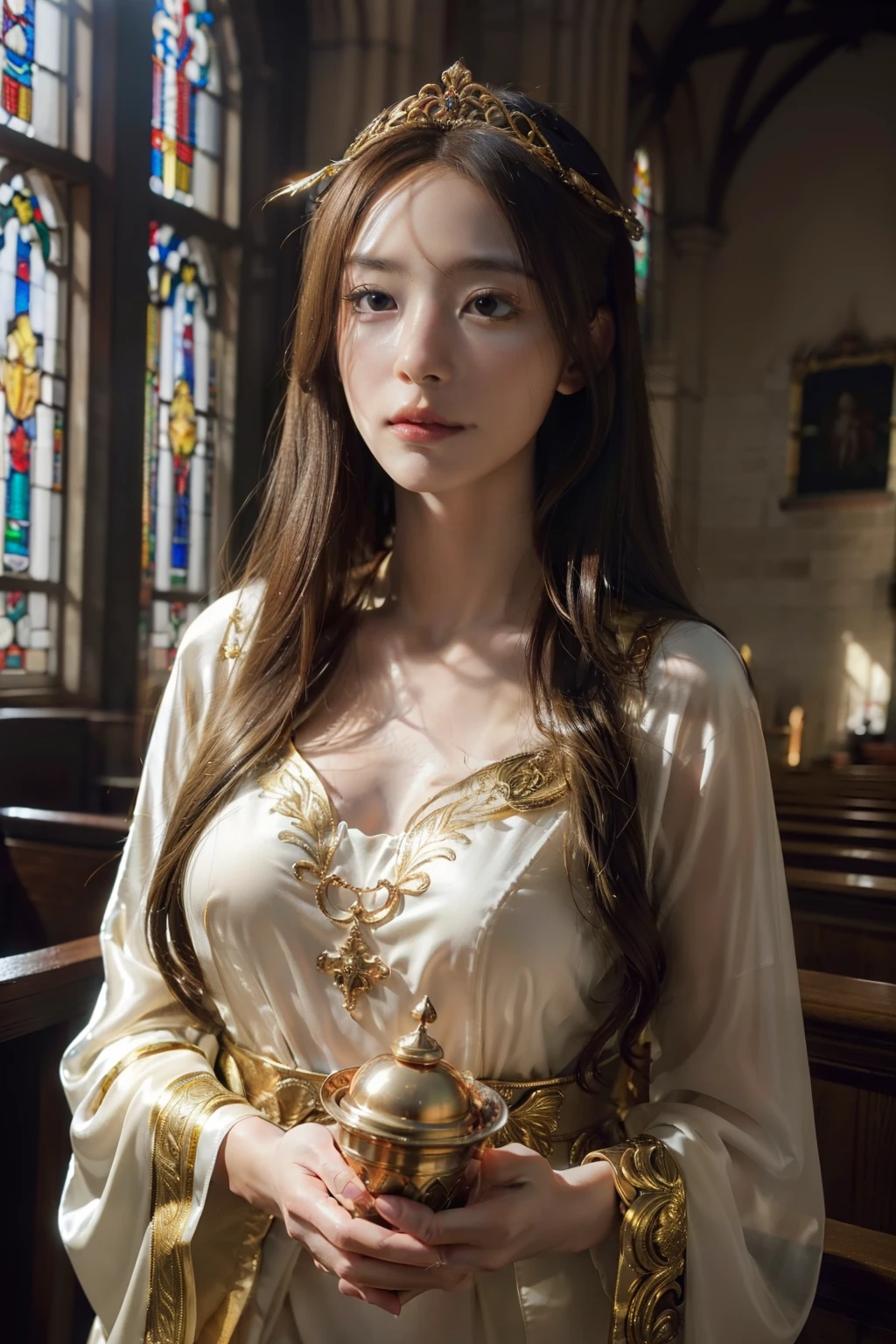 (masutepiece,Best Quality:1.4),(8K,Raw photo,photographrealistic:1.2), Shiny skin,Detailed skin,Detailed face,Detailed eyes, Beautiful face, beautiful goddess, Gentle and gentle expression, long golden hair, Winged headpiece, Translucent white robe, Hand holding the chalice, inside a church, Ornate stained glass windows